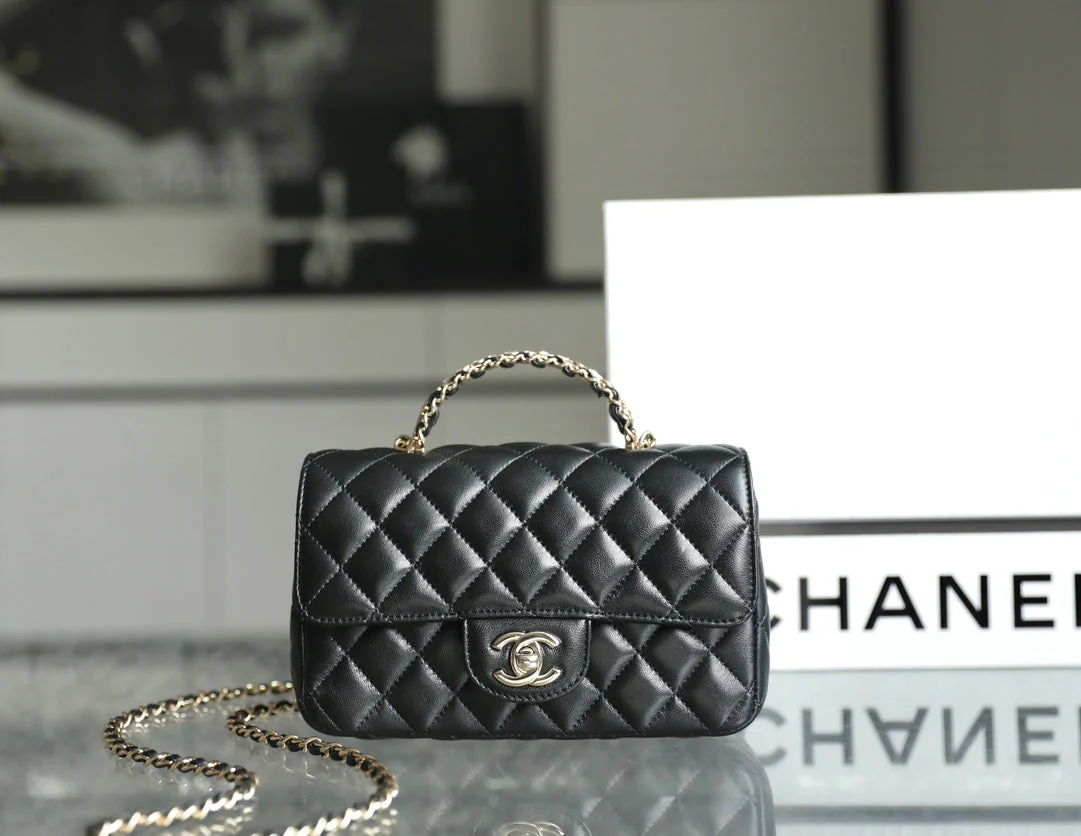 MINI RECTANGLE FLAP BAG TOP HANDLE 20CM BLACK LAMBSKIN SILVER HARDWARE