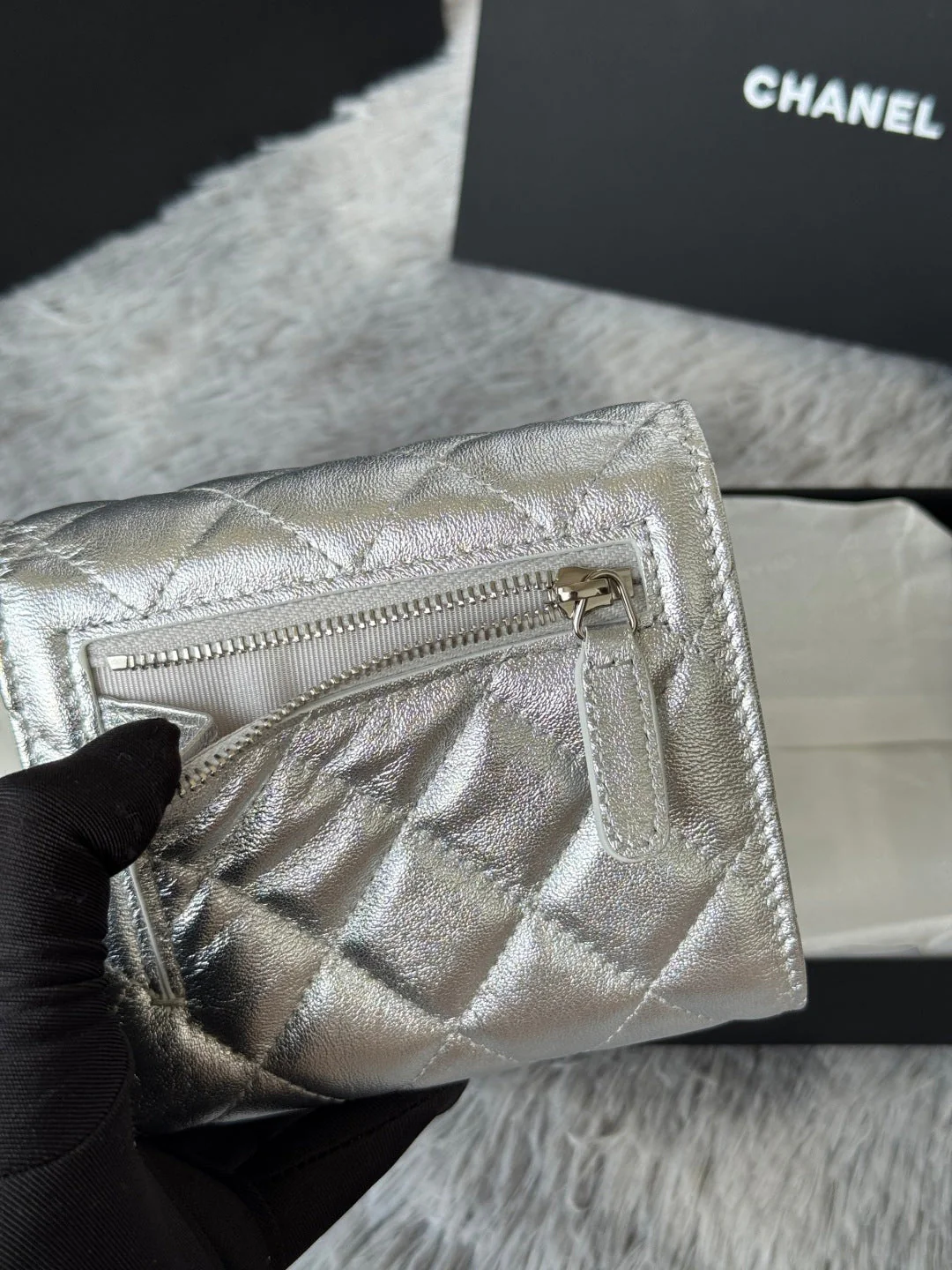 CHANEL 25S CF SMALL TRI FOLD WALLET 11 IN SILVER CAVIAR GOLD HARDWARE