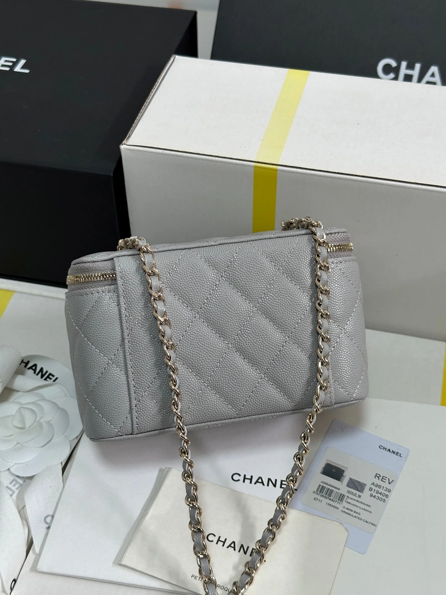VANITY CASE 17 CRYSTAL STUDDED LOGO IN GREY CALFSKIN GOLD HARDWARE