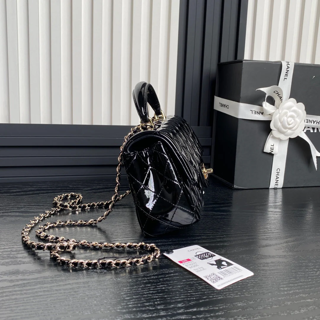 CHANEL 25S MINI FLAP BAG 20 IN BLACK PATENT CALFSKIN GOLD HARDWARE