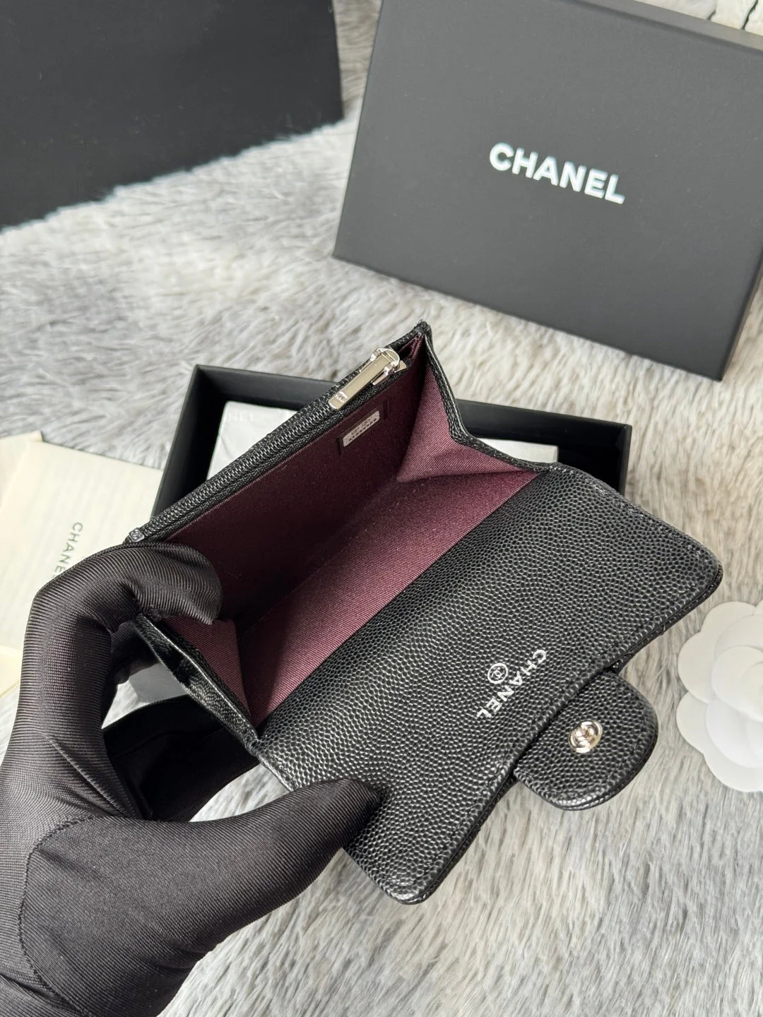 CHANEL 25S CLASSIC FLAP CARD HOLDER 11 IN BLACK CAVIAR SILVER HARDWARE