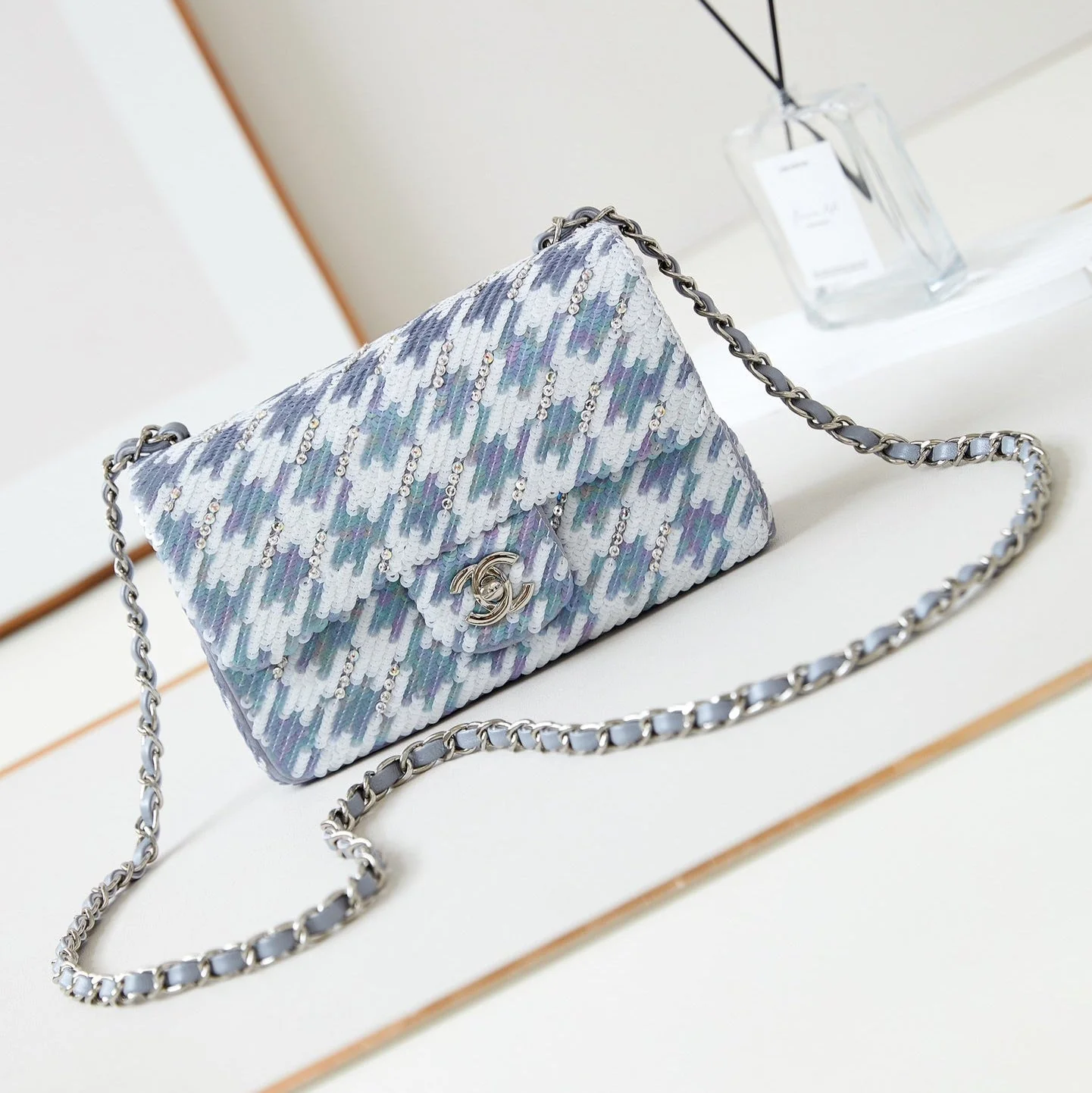 CHANEL 25S FLAP BAG 20 IN WHITE MIX BLUE SEQUINS