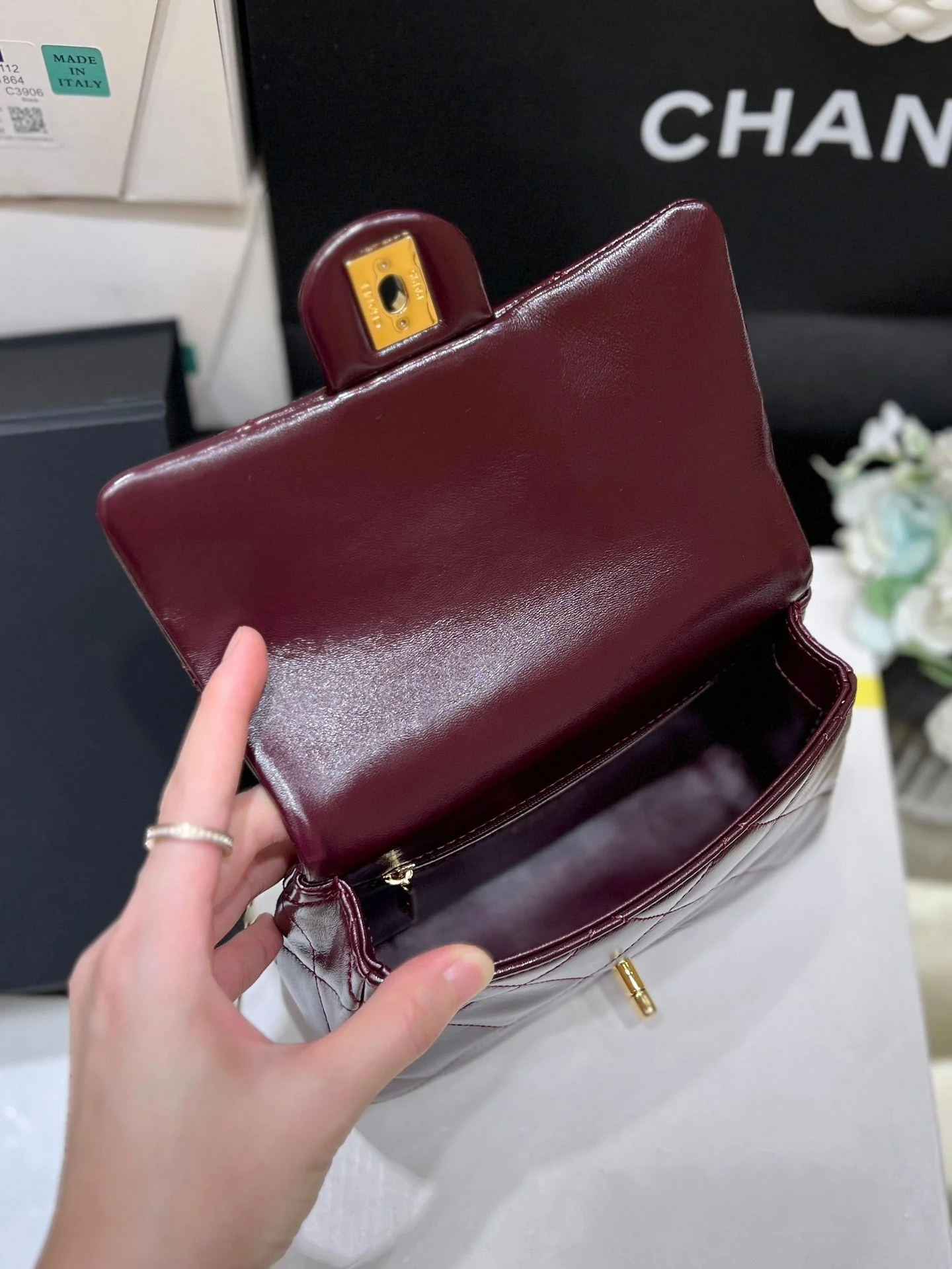 CHANEL TOP HANDLE 19 IN WINE RED LAMBSKIN GOLD HARDWARE