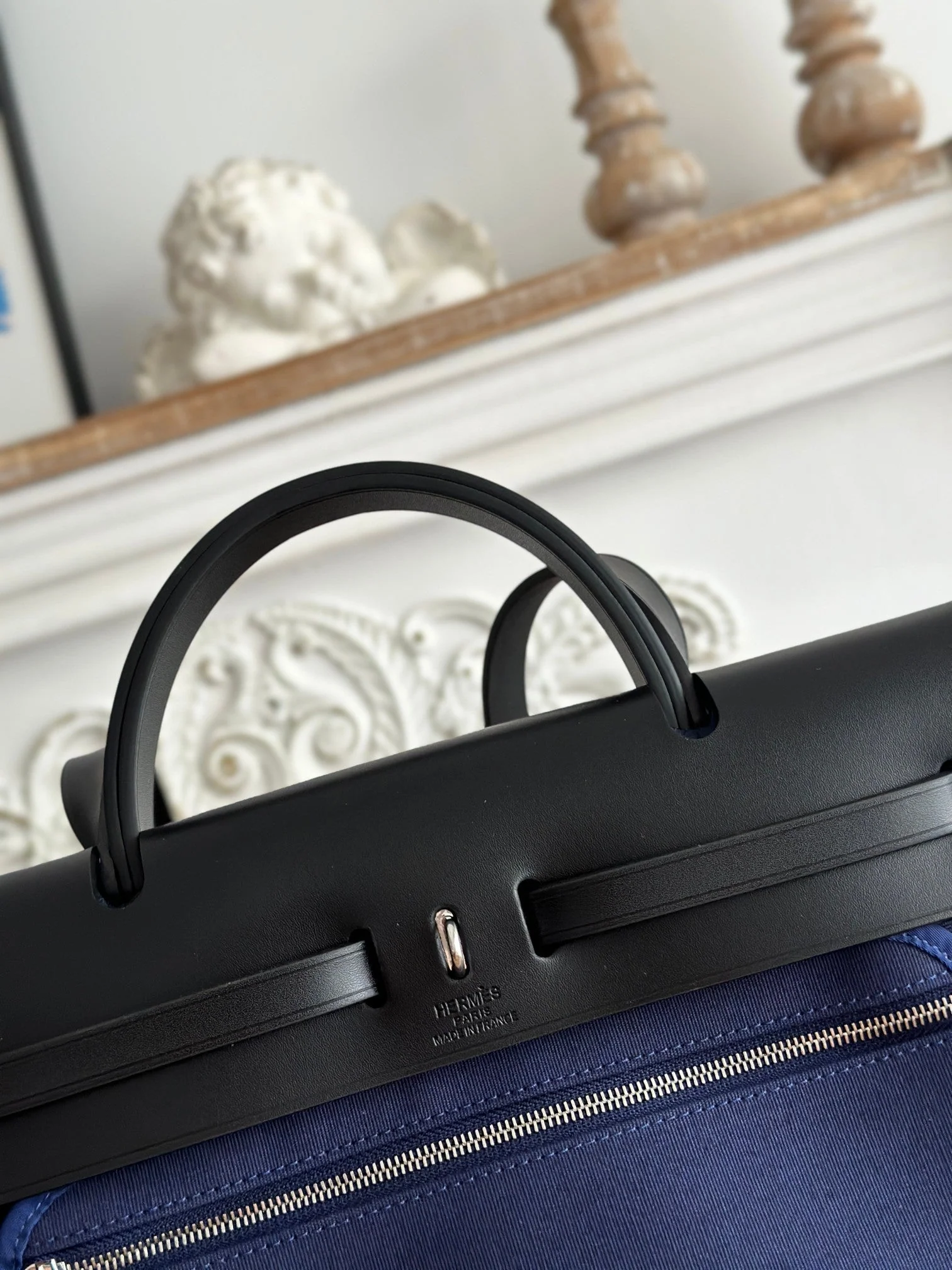 ZIP CABINE 31 BAG IN NAVY BLUE CANVAS AND BLACK CALFSKIN
