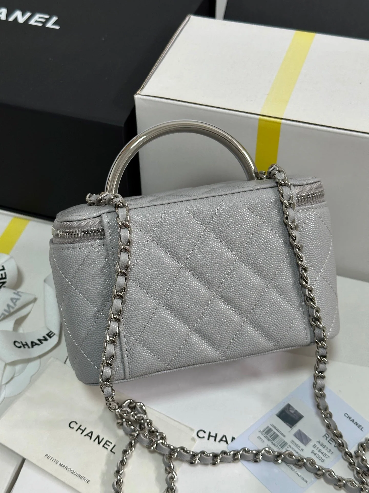 MINI VANITY TOP HANDLE CASE 17 IN GREY CAVIAR SKIN SILVER-TONE PLATED METAL