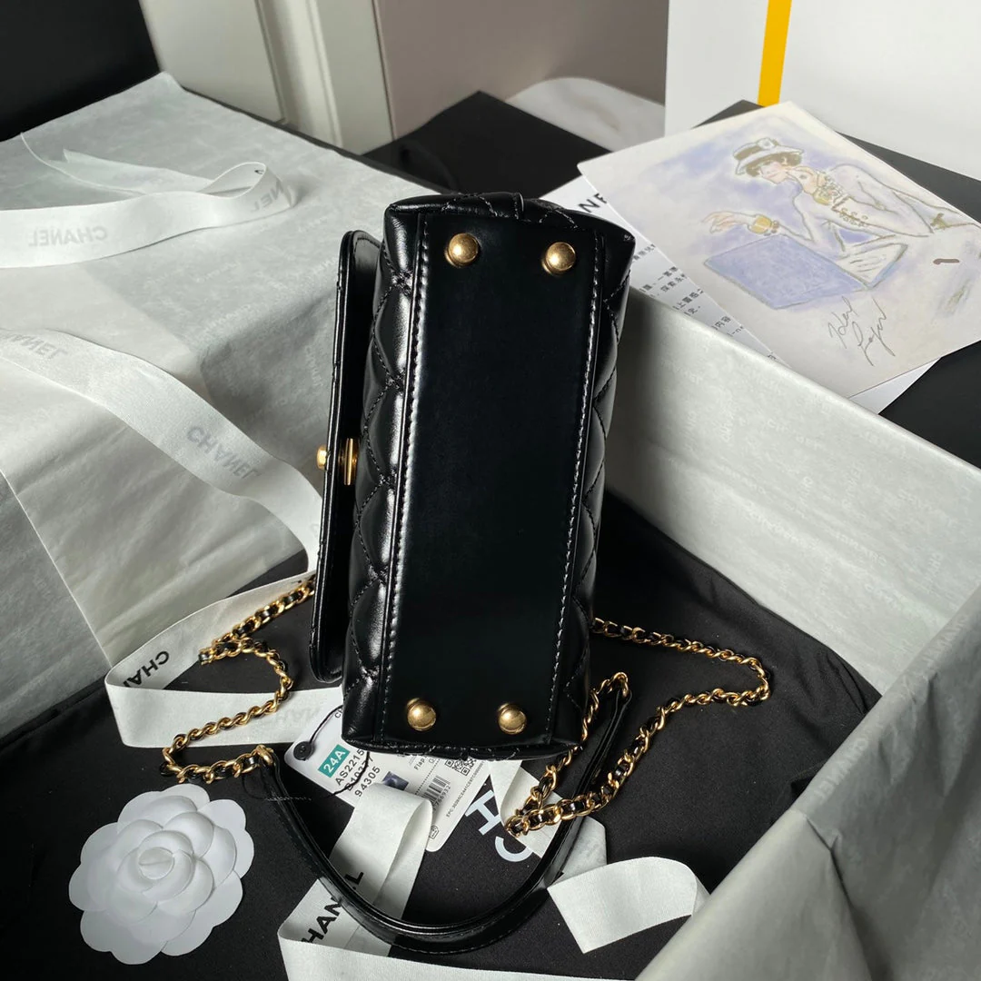 CHANEL 25S CLASSIC COCO HANDLE BAG 19 CM IN BLACK LAMBSKIN WITH GOLD HARDWARE