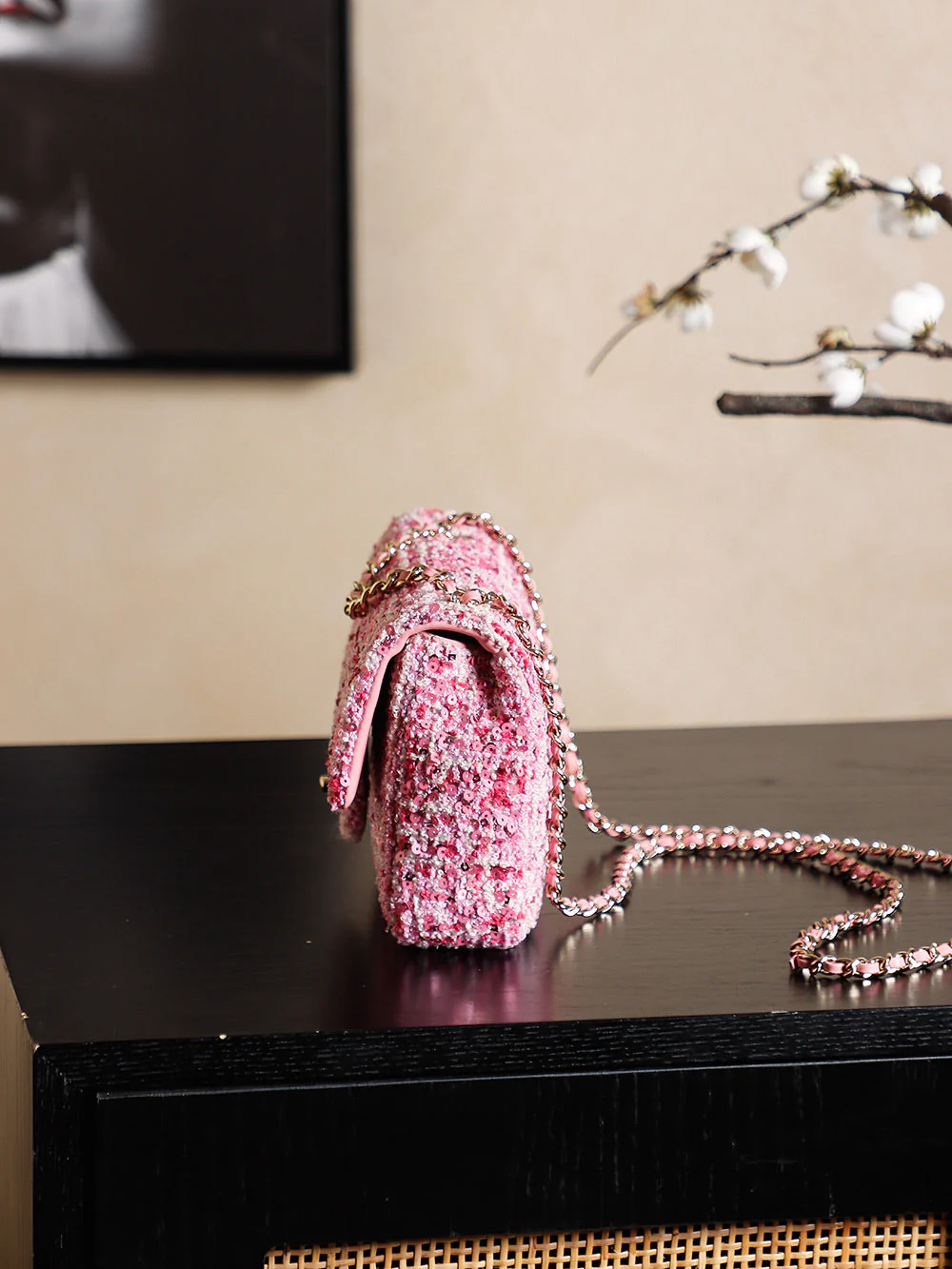 CHANEL 25S FLAP BAG 21 CM IN PINK SEQUINED TWEED WITH GOLD HARDWARE