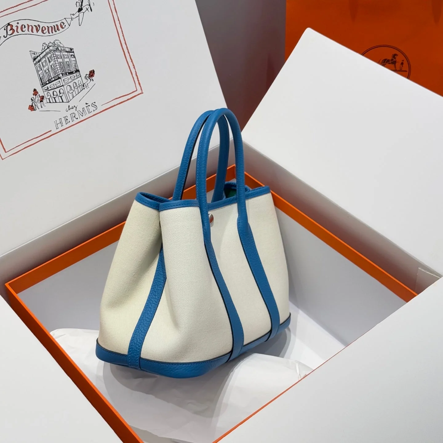 GARDEN PARTY 30CM IN WHITE TOILETS COTTON CANVAS AND BLUE CALFSKIN GREEN ON SIDE OTHER