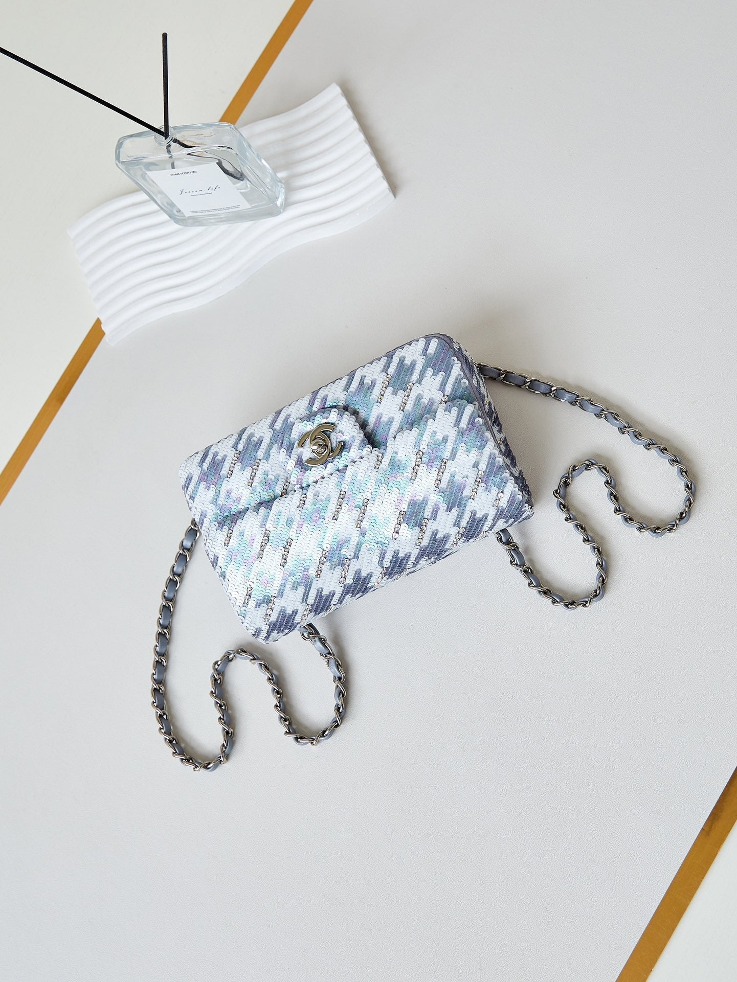CHANEL 25S FLAP BAG 20 IN WHITE MIX BLUE SEQUINS