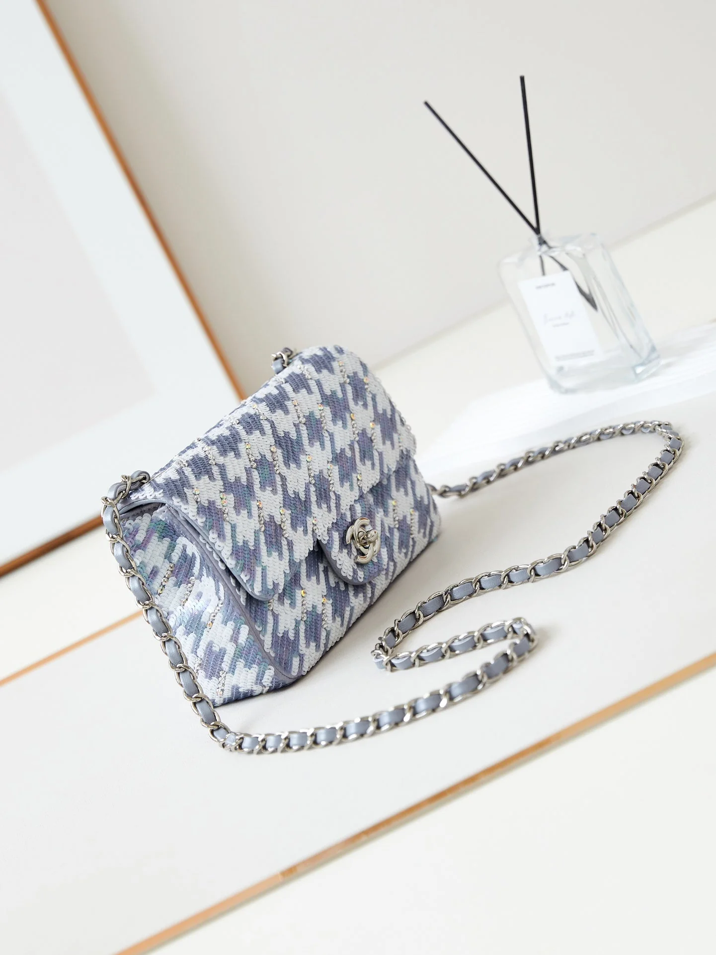 CHANEL 25S FLAP BAG 20 IN WHITE MIX BLUE SEQUINS