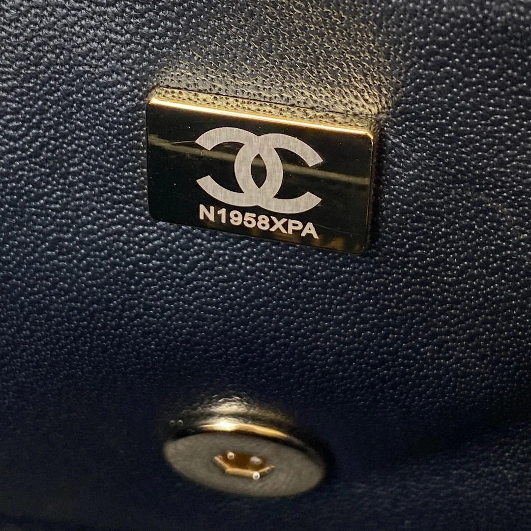 CHANEL 25S MINI FLAP BAG WITH TOP HANDLE 20 IN BLACK CALFSKIN GOLD HARDWARE