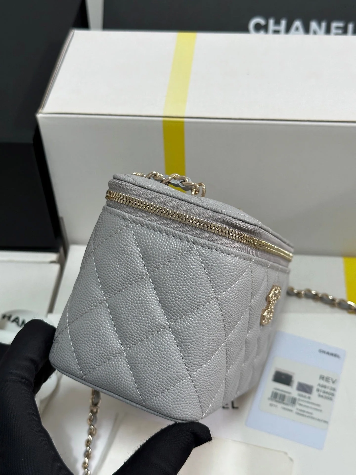 VANITY CASE 17 CRYSTAL STUDDED LOGO IN GREY CALFSKIN GOLD HARDWARE
