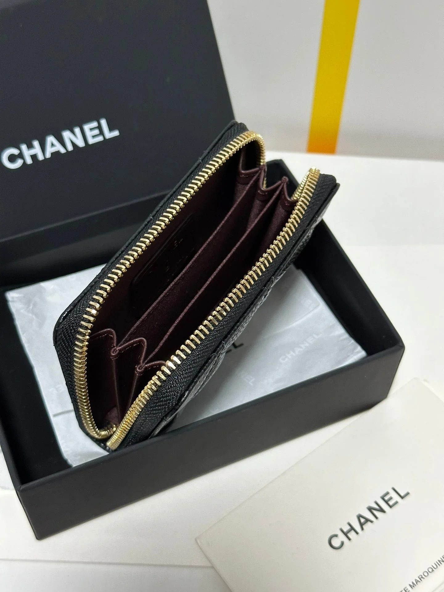 MINI WALLET 11 IN BLACK CAVIAR SKIN GOLD METALLIC