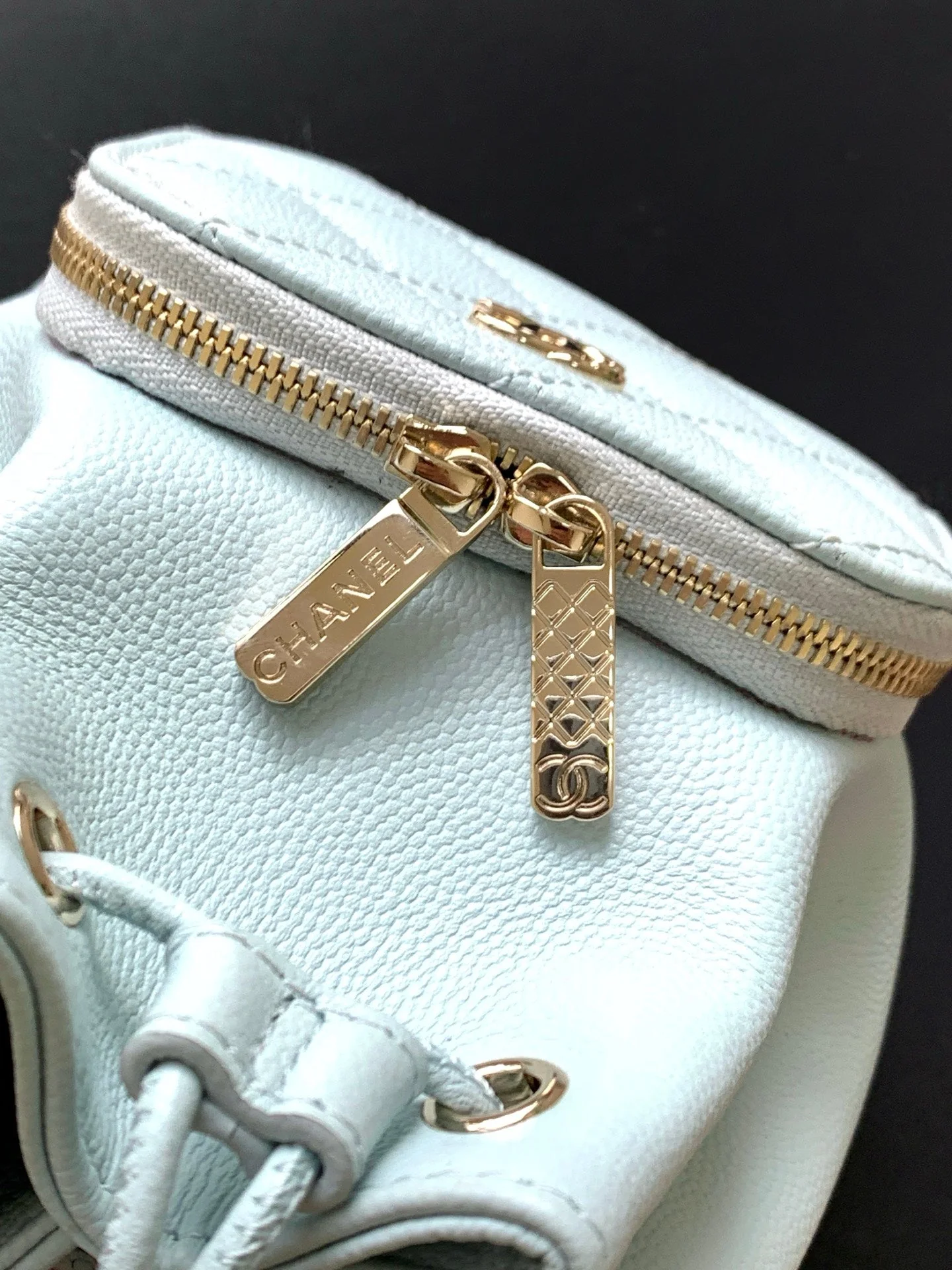 CHANEL 25S MINI BUCKET BAG 12 IN LIGHT BLUE CALFSKIN GOLD HARDWARE