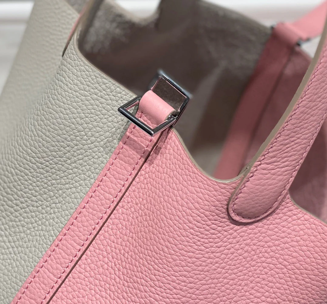 HERMES 25S PICOTIN LOCK 18 IN PINK AND LIGHT GRAY CALFSKIN SILVER HARDWARE