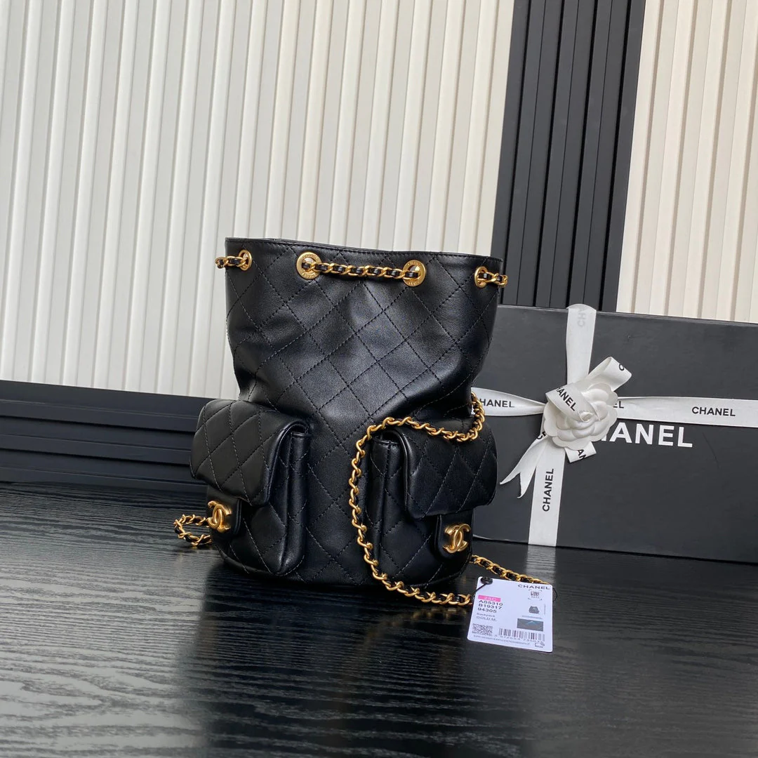 BUCKET BACKPACK 24 IN BLACK LAMBSKIN GOLD HARDWARE