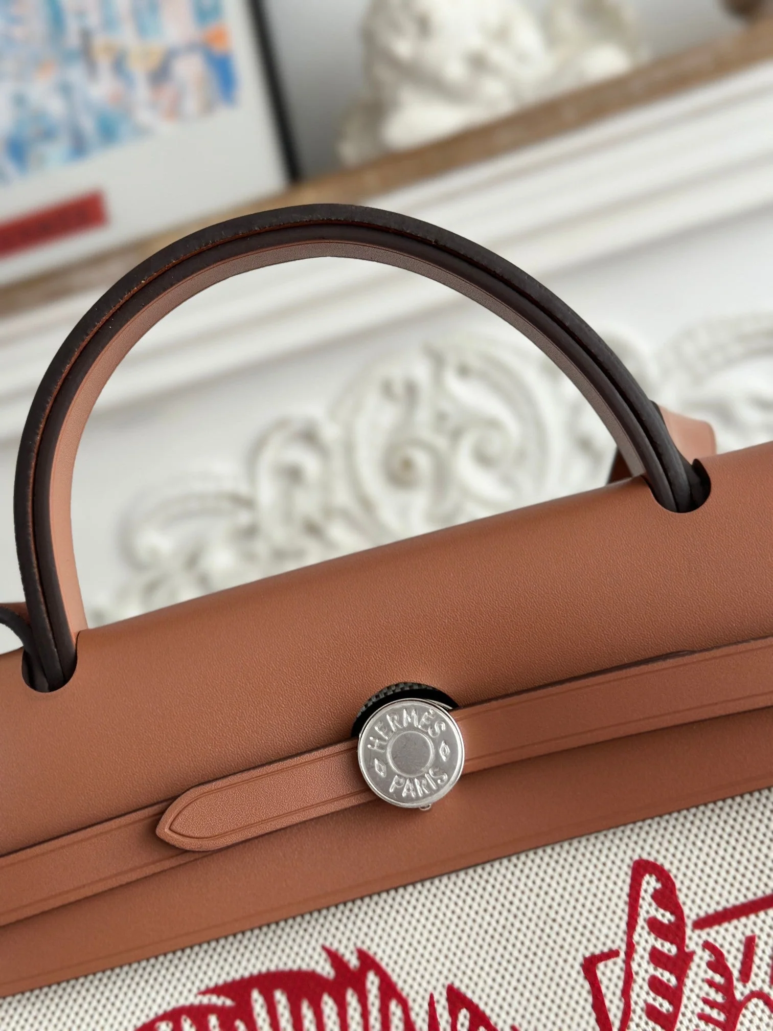 HERBAG ZIP 31 RETOURNE PEGASE POP BAG IN OFF-WHITE MIX RED CANVAS AND HUNTER COWHIDE