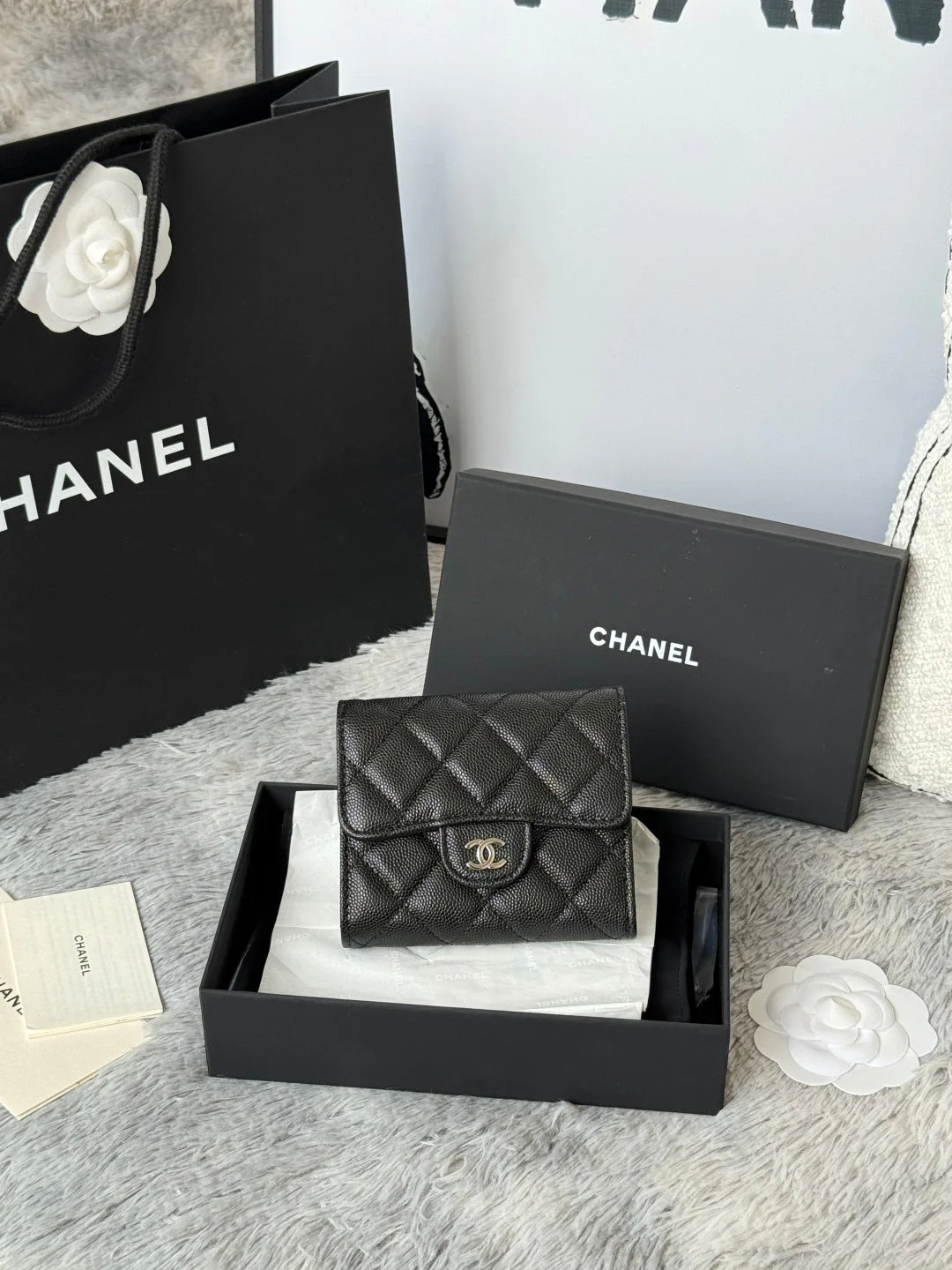 CHANEL 25S CF SMALL TRI FOLD WALLET 11 IN BLACK CAVIAR SILVER HARDWARE