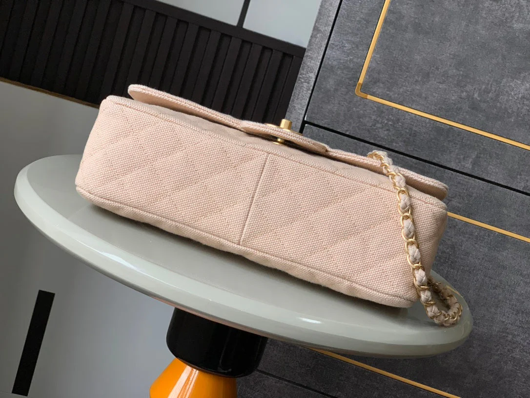 CHANEL 25S CLASSIC FLAP 26 CM IN LIGHT BEIGE CANVAS EMBROIDERED MOTIF WITH GOLD HARDWARE
