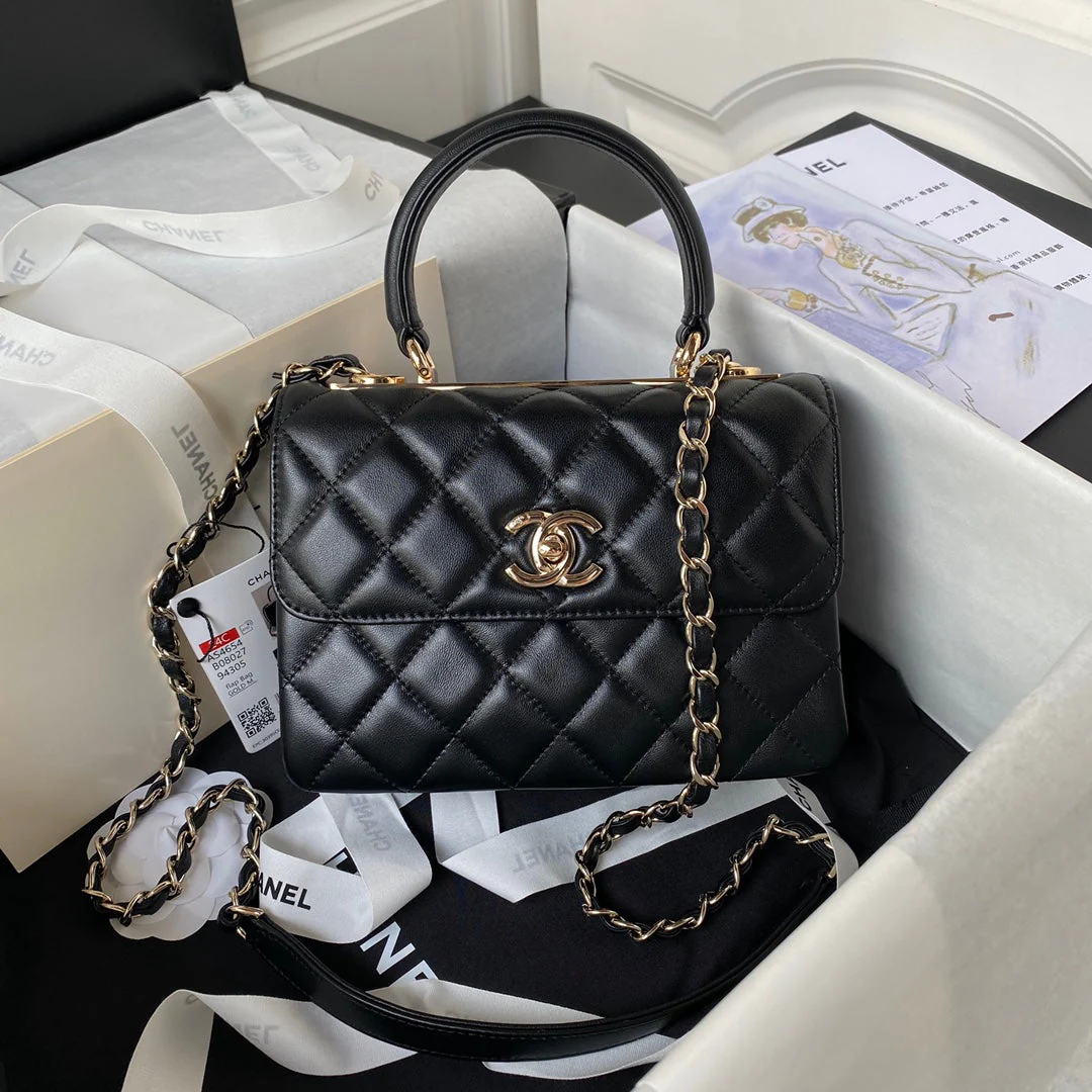 CC SMALL 20 FLAP BAG IN BLACK CALFSKIN WITH CHAIN
