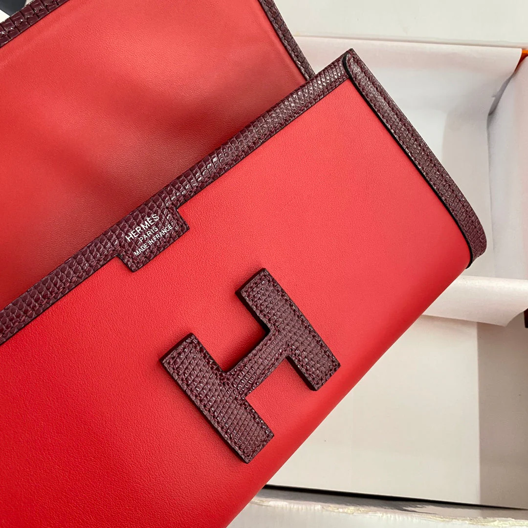 JIGE ELAN 29 CLUTCH IN CANDY RED CALFSKIN WITH WINE RED LIZARD SKIN