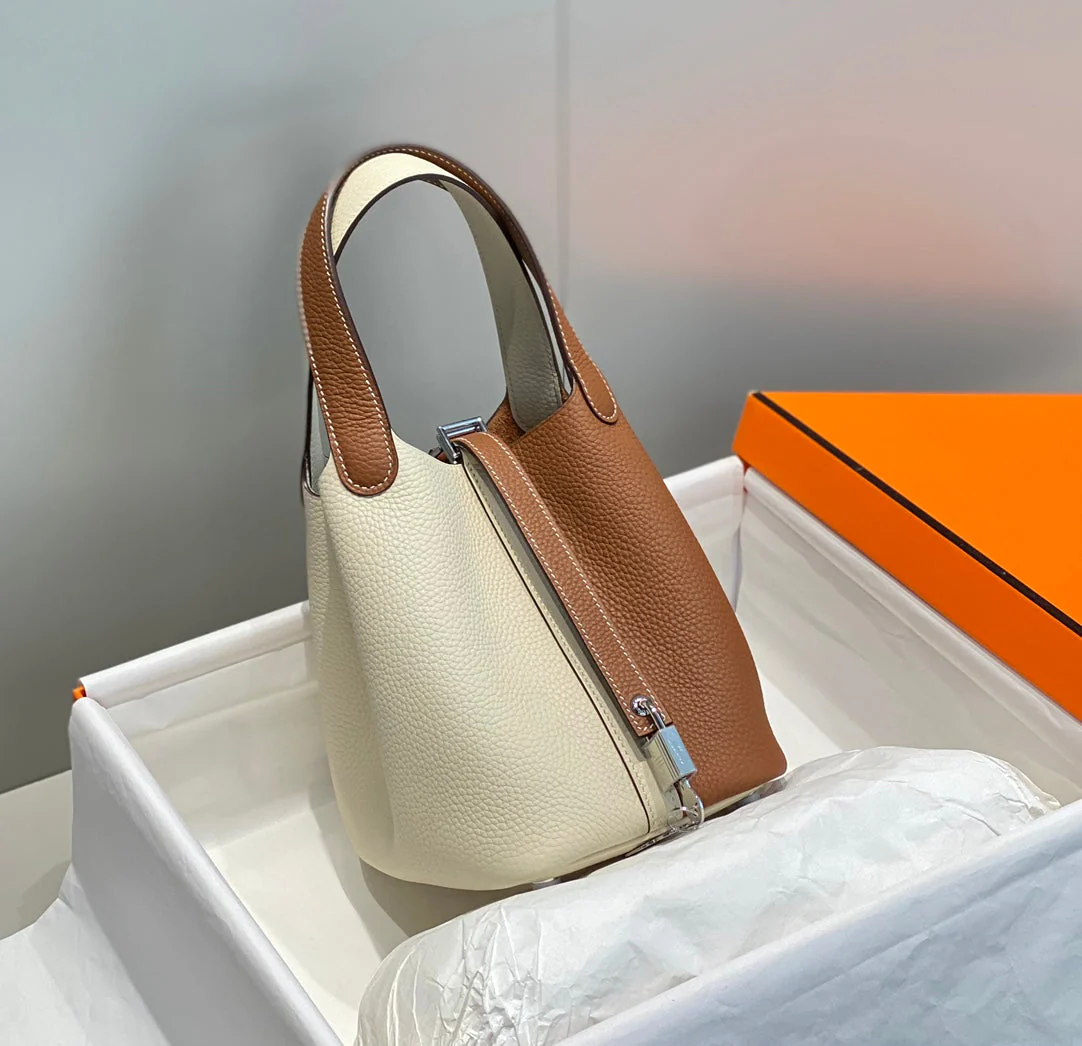 HERMES 25S PICOTIN LOCK 18 IN WHITE AND BROWN CALFSKIN SILVER HARDWARE