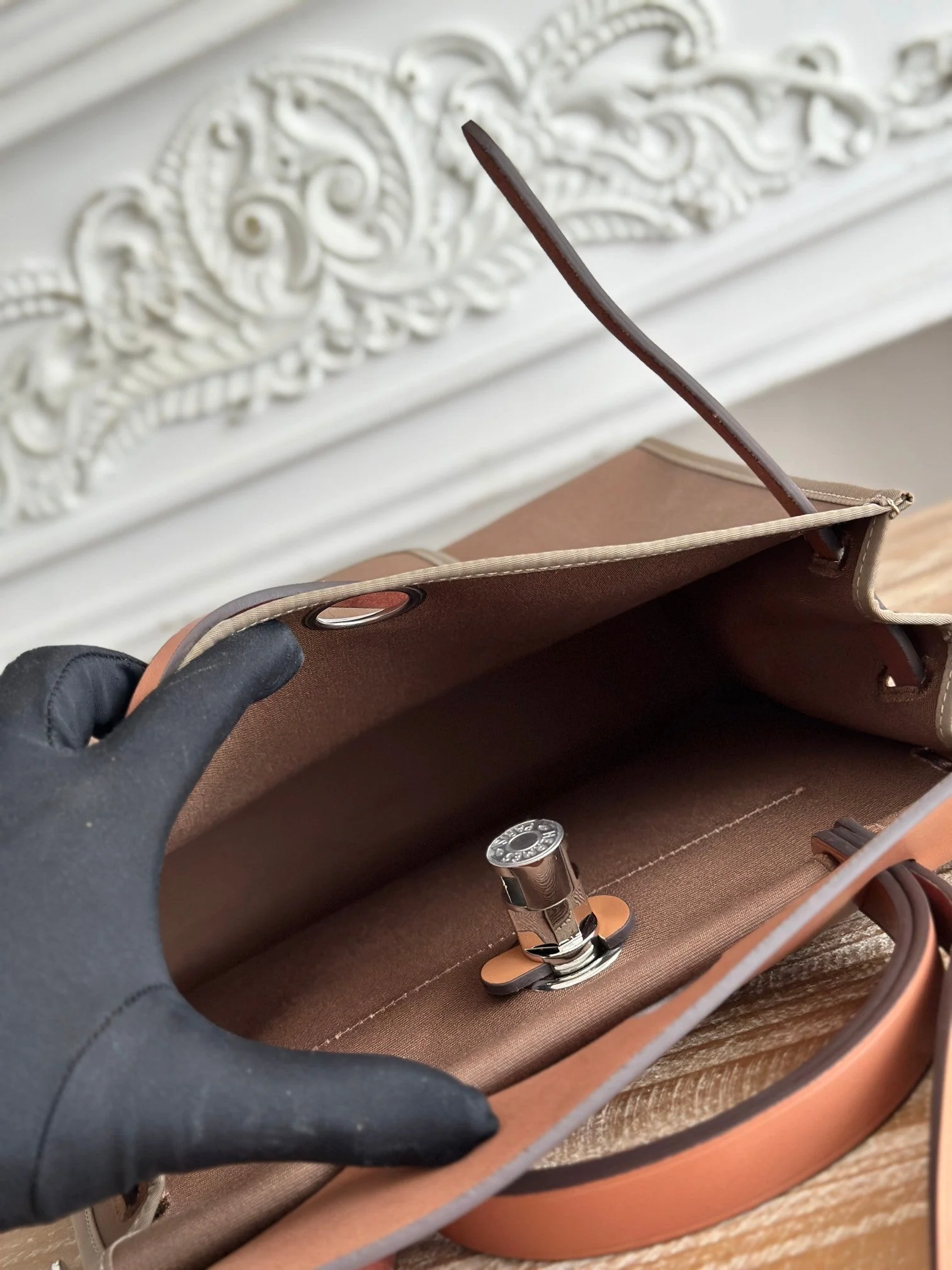 ZIP CABINE 31 BAG IN CHOCOLATE BROWN CANVAS AND BRONZE BROWN CALFSKIN