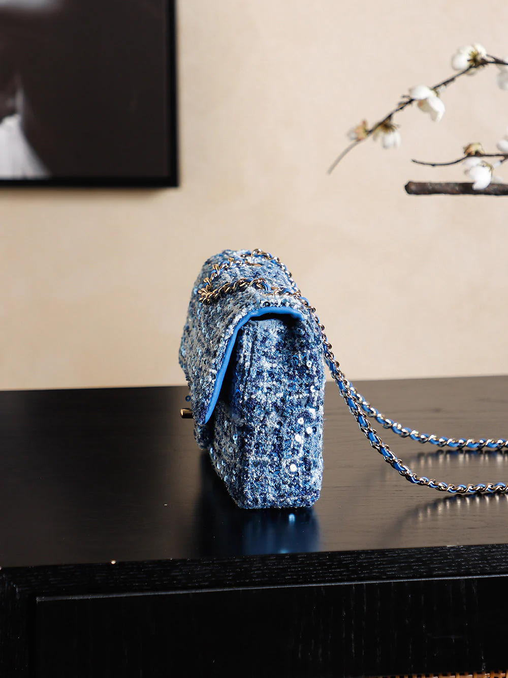 CHANEL 25S FLAP BAG 21 CM IN BLUE SEQUINED TWEED WITH GOLD HARDWARE