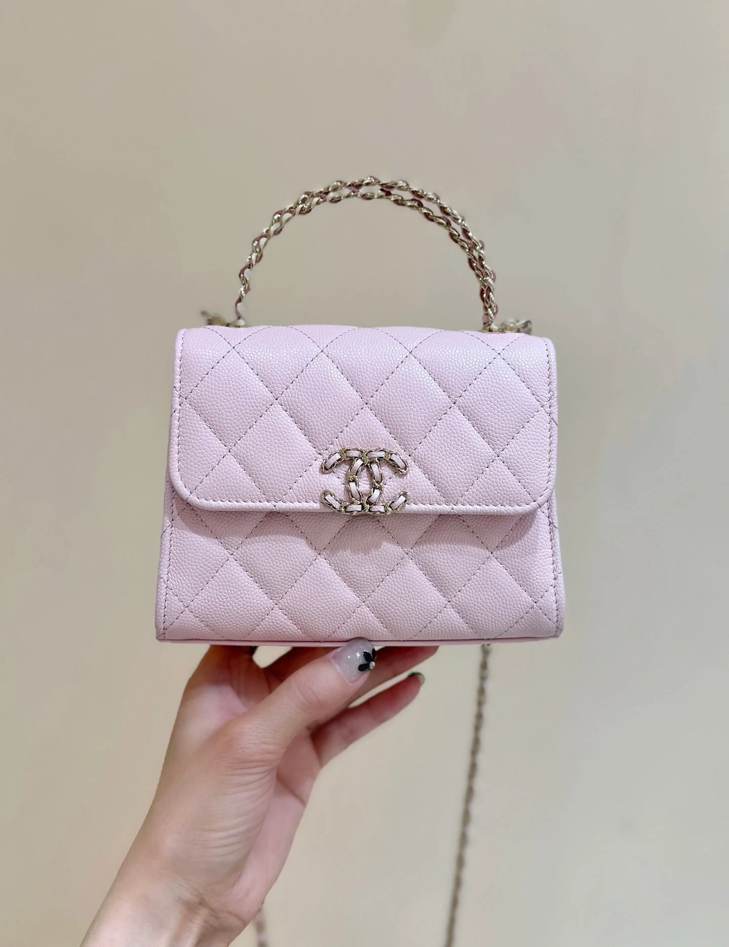 QUILTED FLAP BAG WITH HANDLE 18 IN BABY PINK LAMBSKIN GOLD HARDWARE