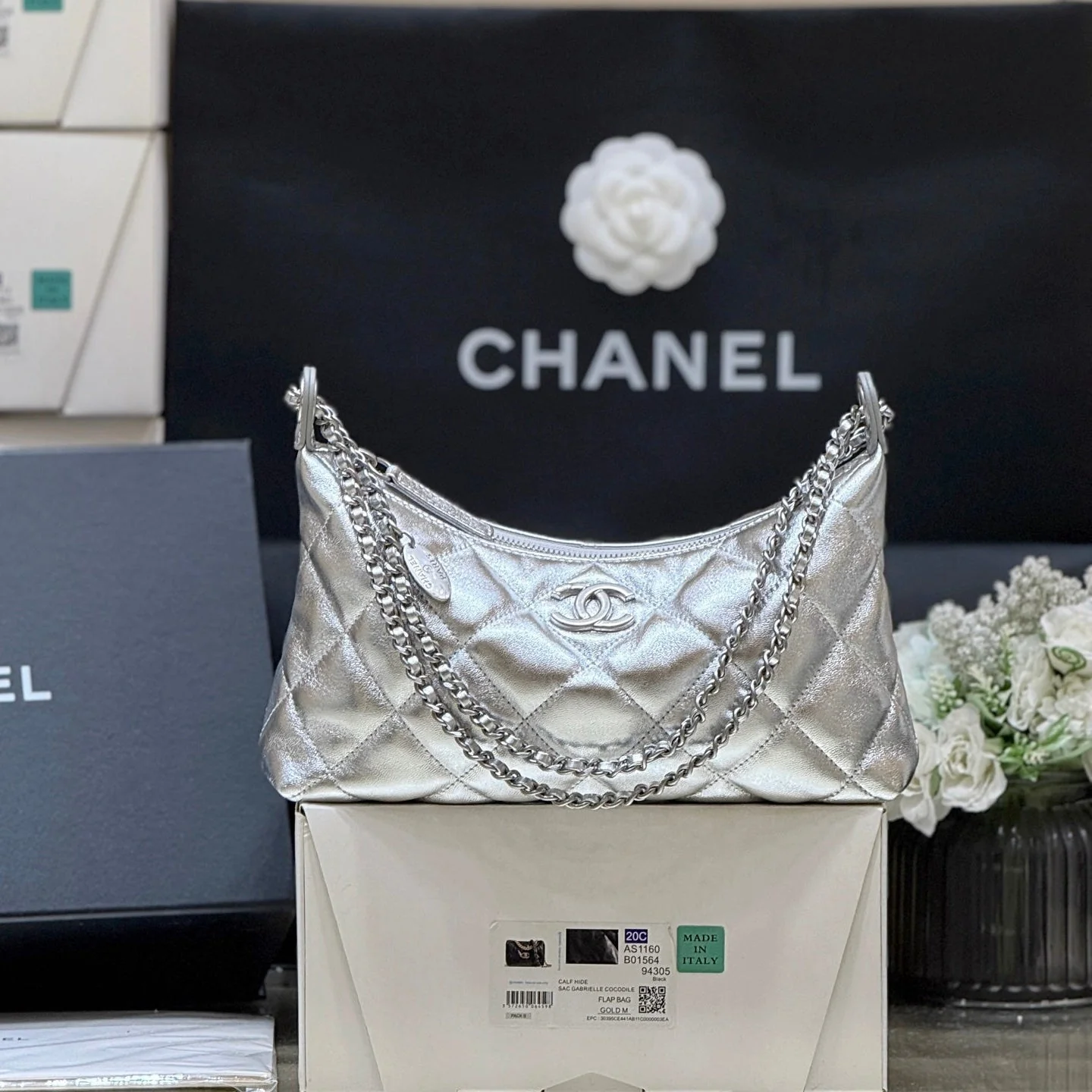CHANEL 25S HOBO BAG KABELKA 26 IN SILVER CALFSKIN