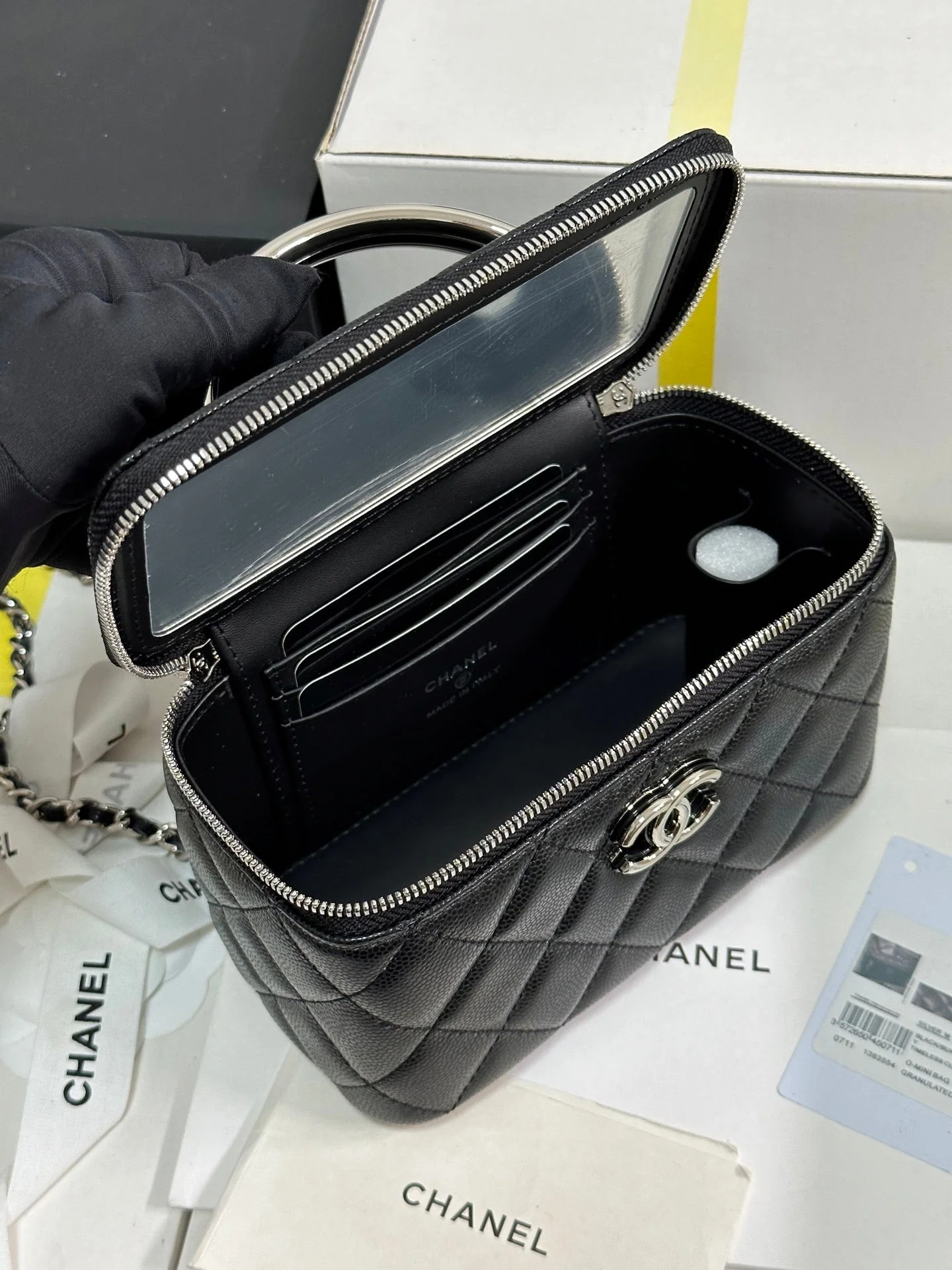 MINI VANITY TOP HANDLE CASE 17 IN BLACK CAVIAR SKIN SILVER-TONE PLATED METAL