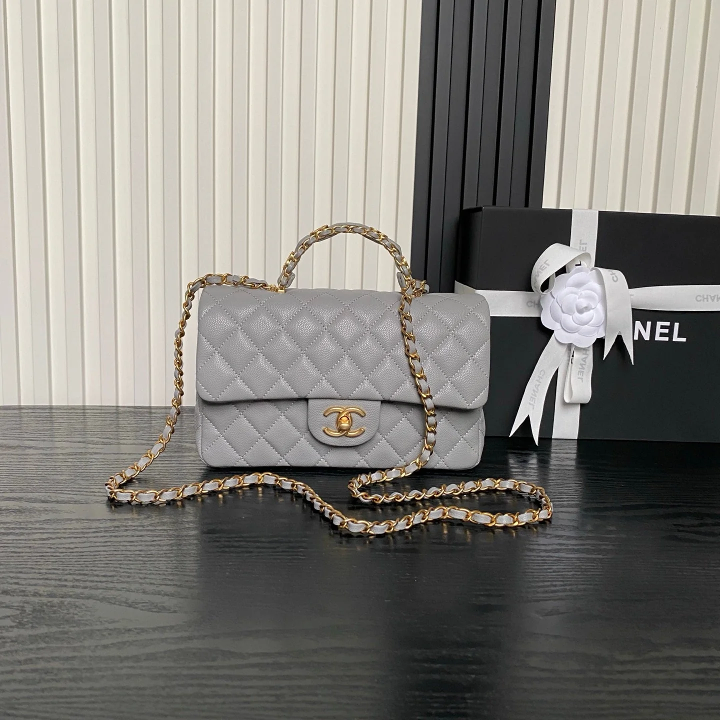 CHANEL 25S FLAP BAG 22 CM IN GREY CAVIAR WITH GOLD HARDWARE