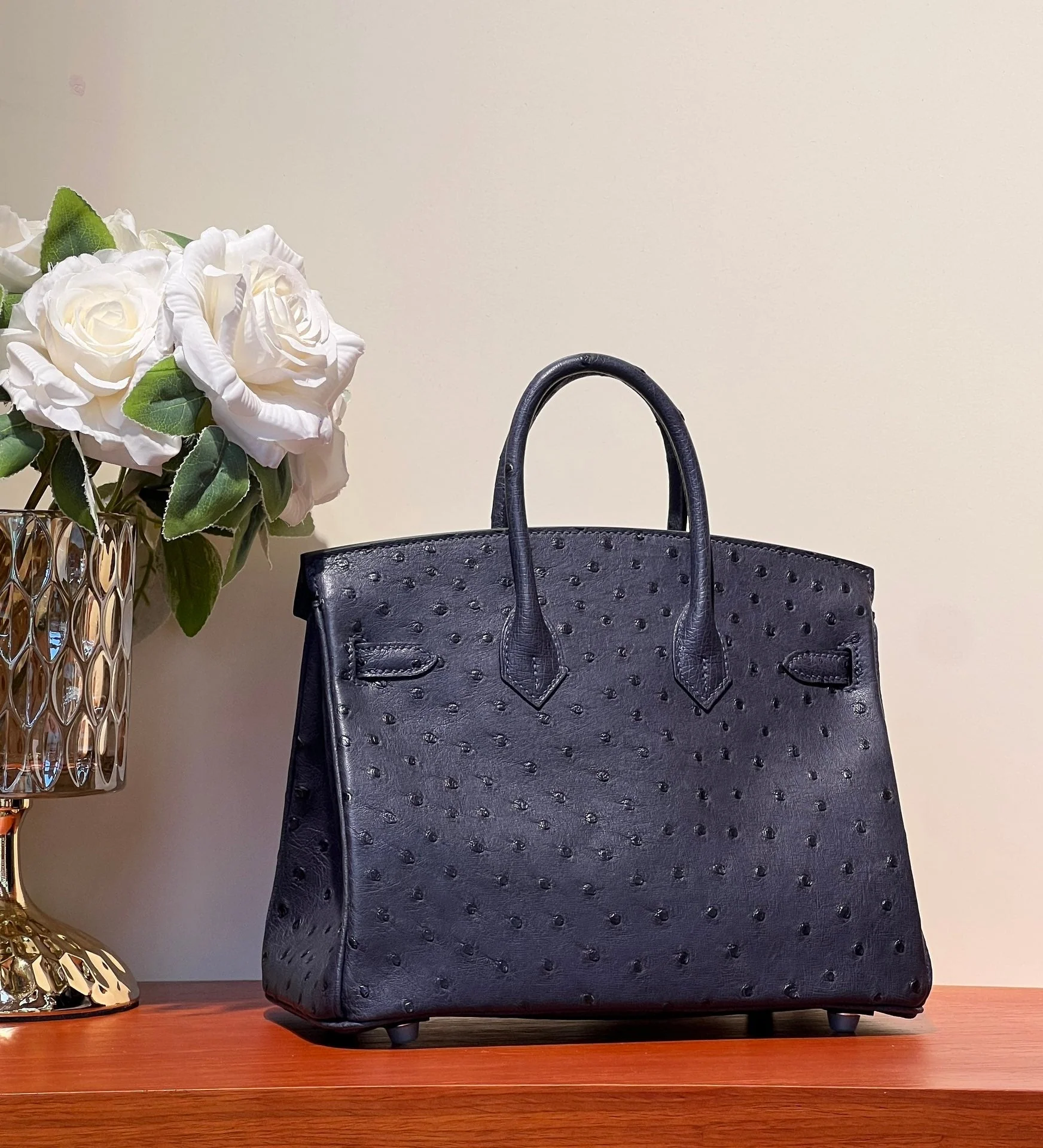 KELLY SELLIER 25 BAG IN SPACE BLUE OSTRICH LEATHER WITH SILVER HARDWARE
