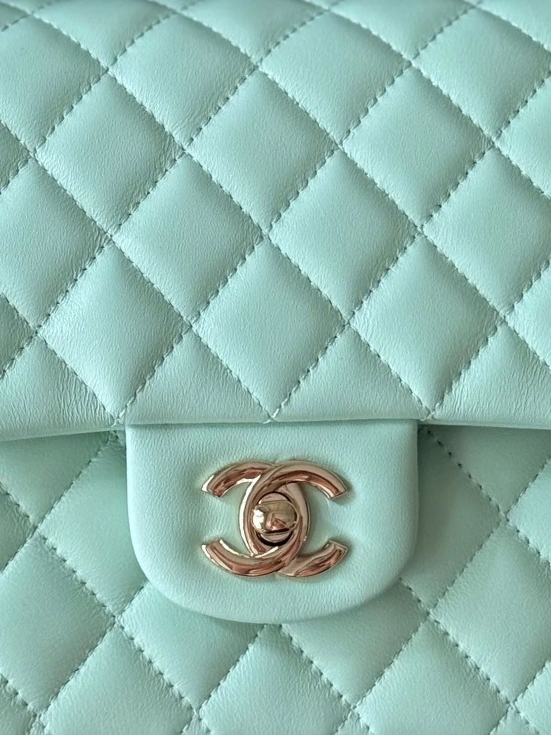 CHANEL 25S CLASSIC FLAP BAG 25 CM IN LIGHT CYAN BLUE LAMBSKIN WITH GOLD HARDWARE