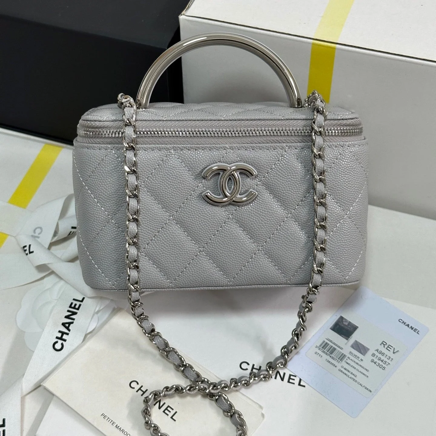 MINI VANITY TOP HANDLE CASE 17 IN GREY CAVIAR SKIN SILVER-TONE PLATED METAL