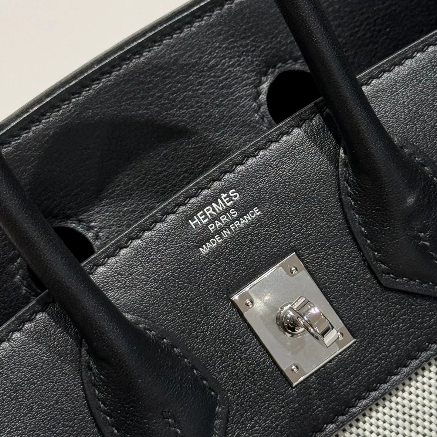 QUADRILLE BIRKIN 25CM IN BLACK SWIFT CALFSKIN WHITE TOILE CANVAS