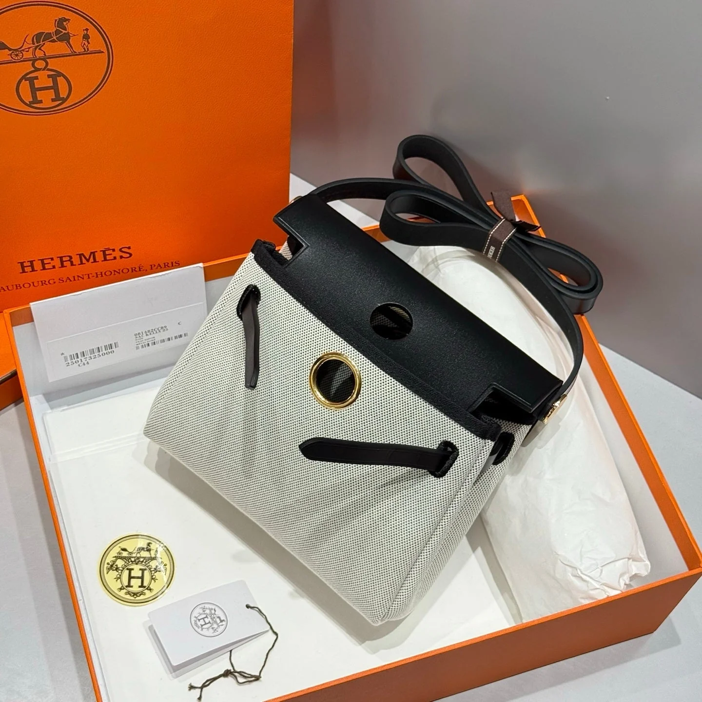 HERMES 25S MINI HERBAG 20 IN SAGE GRAY CANVAS GOLD HARDWARE