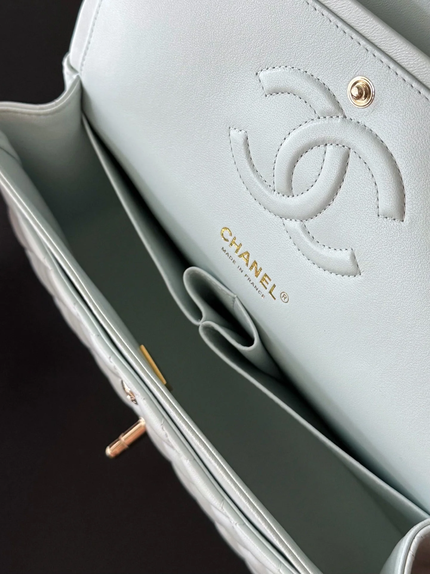 CHANEL 25S CLASSIC FLAP BAG 25 CM IN LIGHT GRAY BLUE LAMBSKIN WITH GOLD HARDWARE
