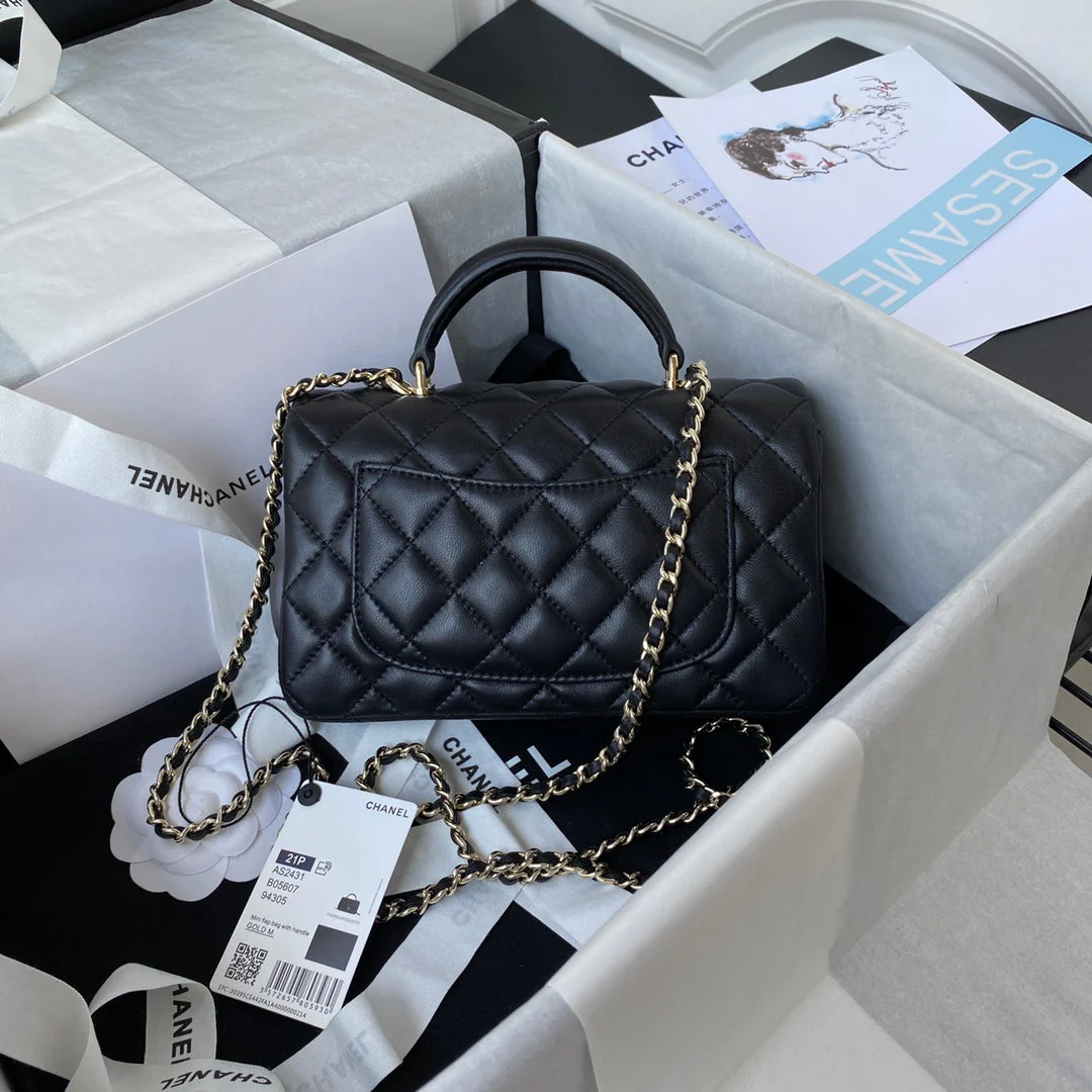 CHANEL 25S MINI FLAP BAG WITH TOP HANDLE 20 IN BLACK CALFSKIN GOLD HARDWARE