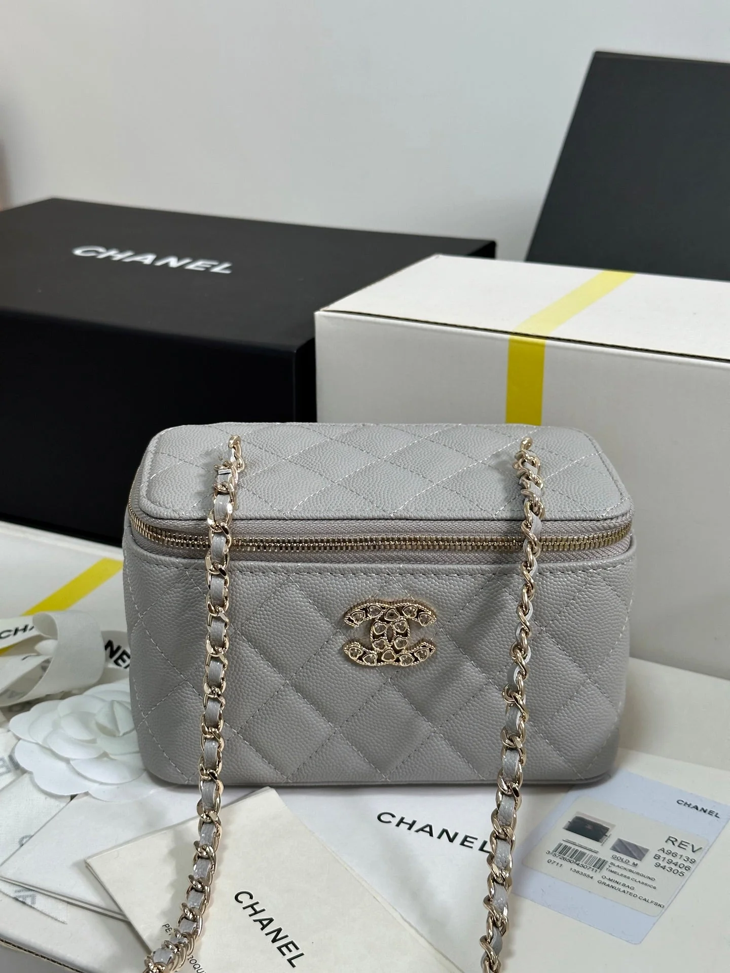 VANITY CASE 17 CRYSTAL STUDDED LOGO IN GREY CALFSKIN GOLD HARDWARE