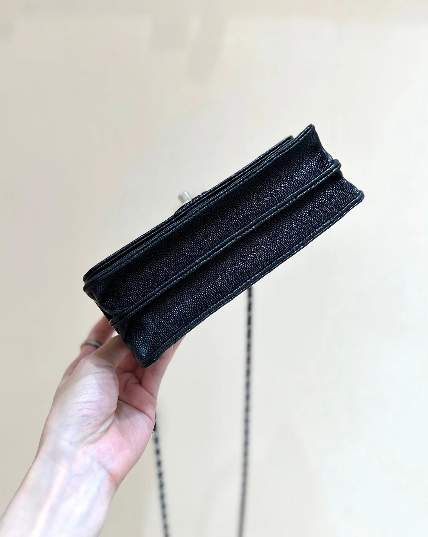 FLAP BAG WITH SILVER-TONE HANDLE 18 IN BLACK LAMBSKIN