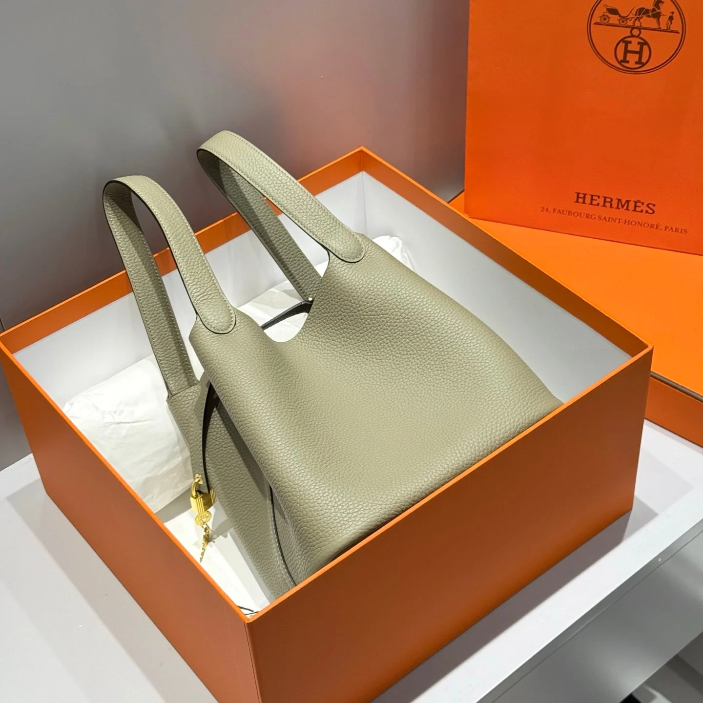 HERMES 25S PICOTIN LOCK 22 IN CROMWELL GRAY CALFSKIN GOLD HARDWARE