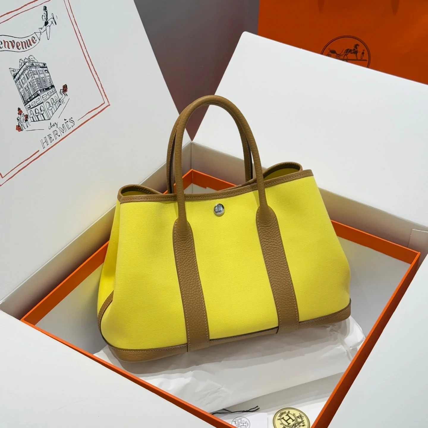 GARDEN PARTY 30CM IN YELLOW TOILETS COTTON CANVAS AND BEIGE MARFA CALFSKIN