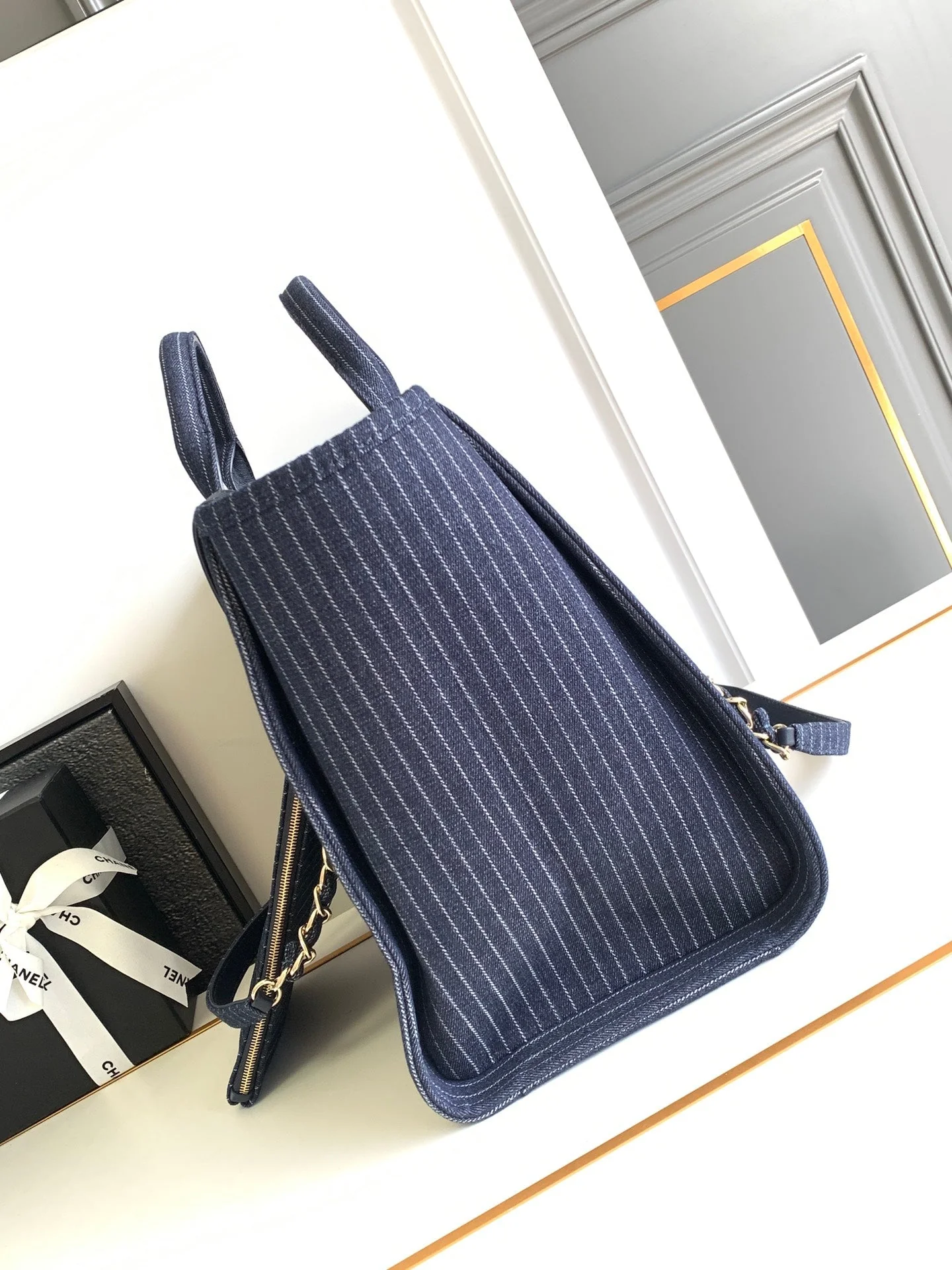 CHANEL 25S TOTE BAG 38 CM IN NAVY BLUE CANVAS