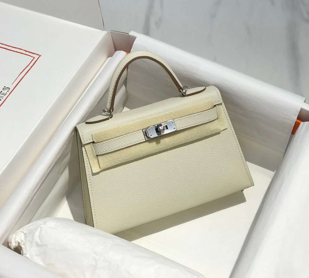 HM KELLY MINI 20 WHITE EPSOM SILVER HARDWARE