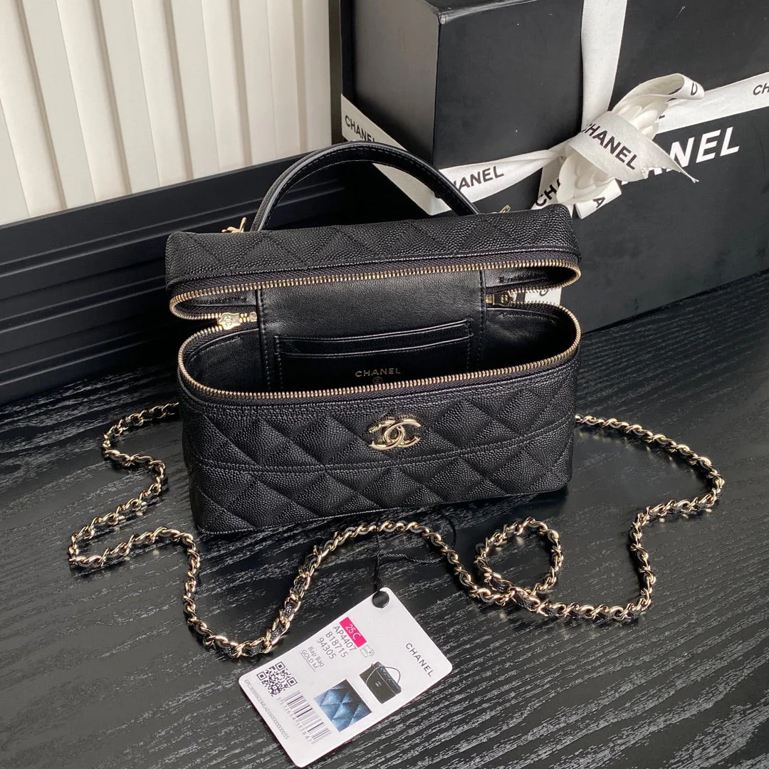 COSMETIC BAG 19 IN BLACK GRAINED CALFSKIN GOLD HARDWARE