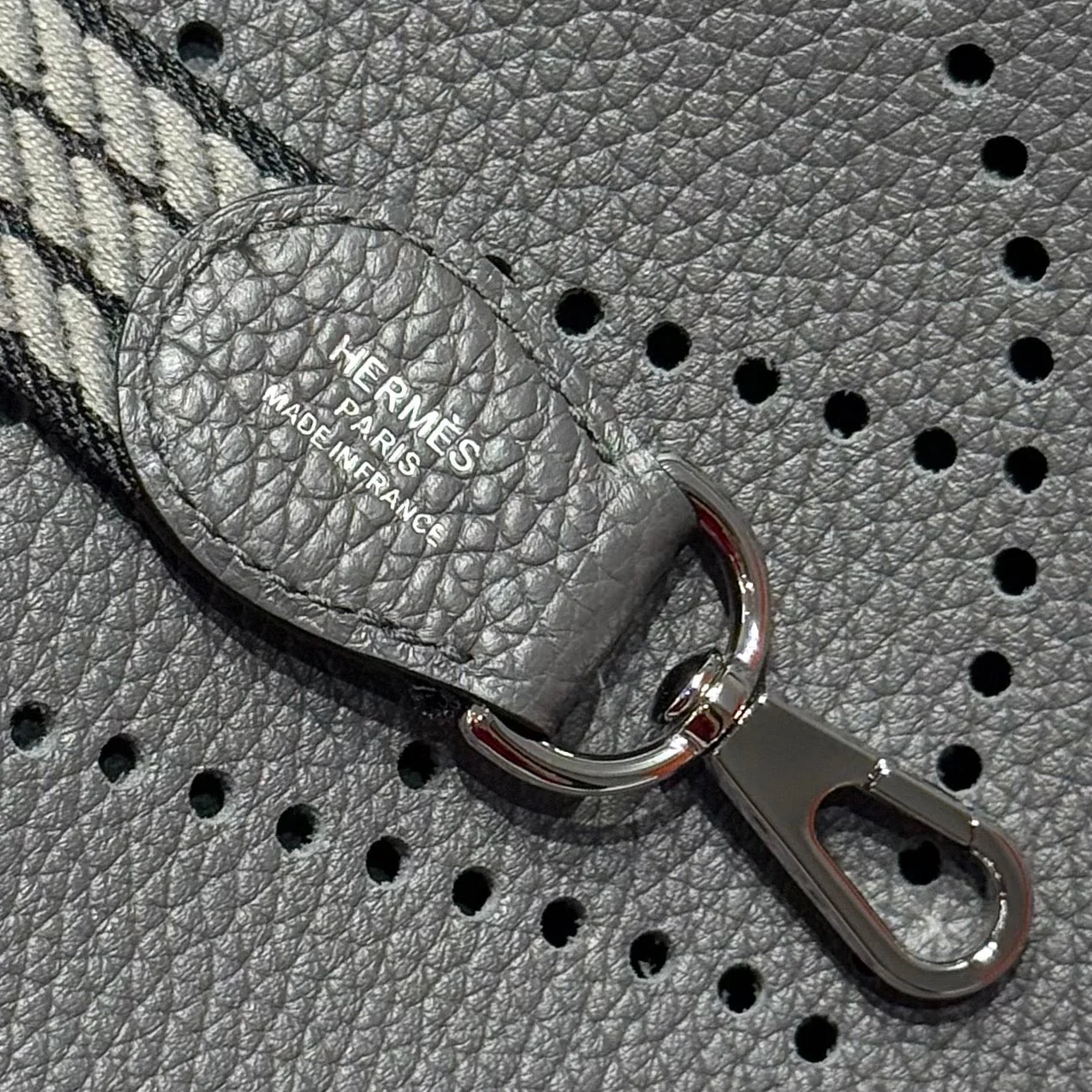 HERMES 25S MINI EVELYNE 18 IN CHARCOAL GRAY PATTERNED STRAP CALFSKIN SILVER HARDWARE