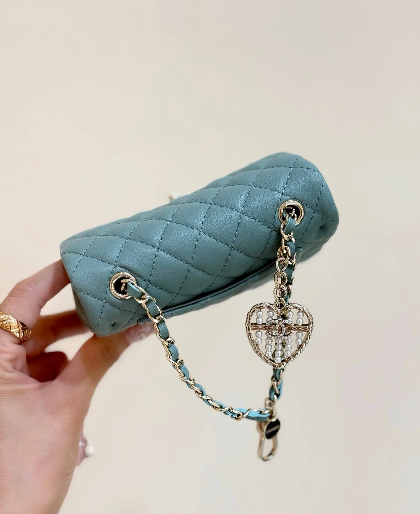 25S CHANEL MINI CF BAG 12 IN MUTED TEAL LAMBSKIN HEART MODEL