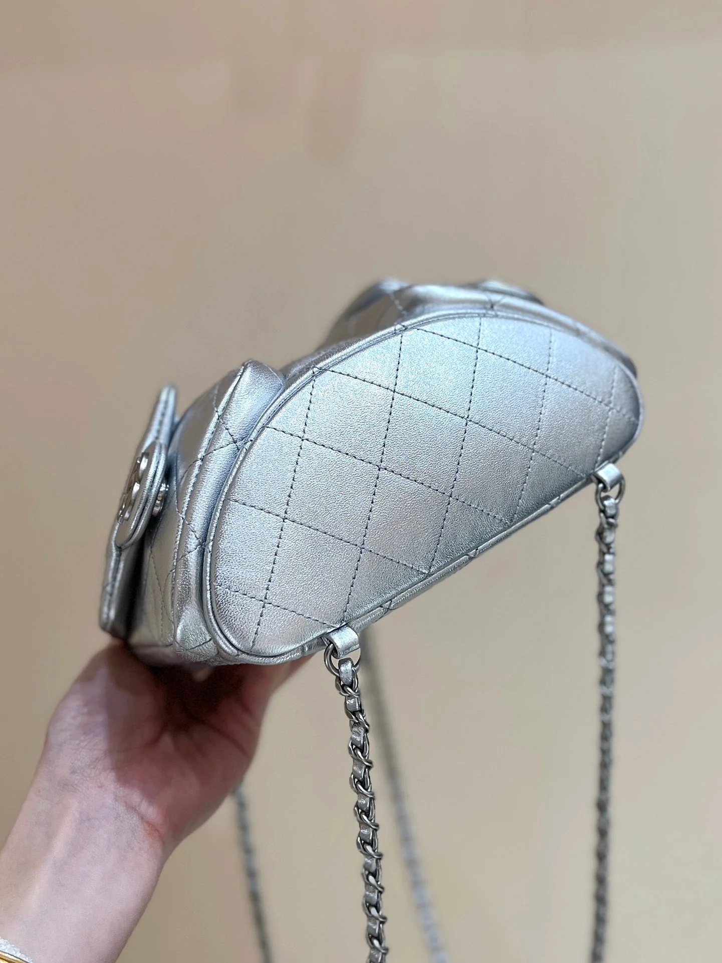DRAWSTRING BUCKET BACKPACK 24 IN SILVER-TONE LAMBSKIN SILVER HARDWARE