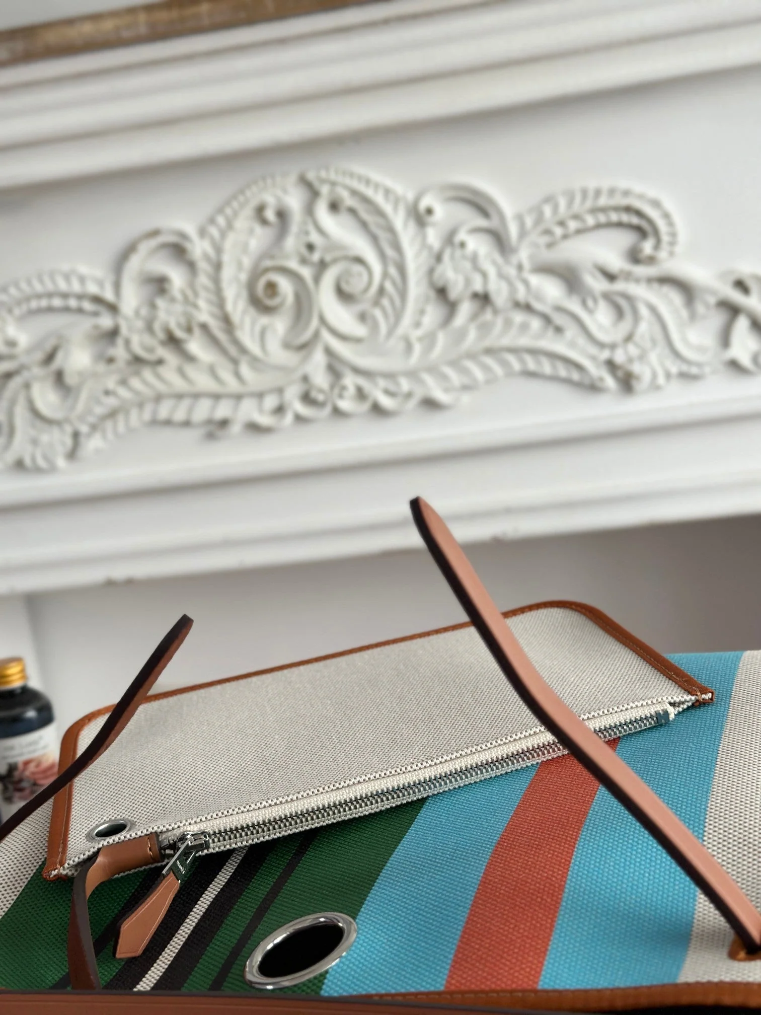 HERBAG ZIP 31 LAQUERED BAG IN GREEN MIX BLUE H PLUME CANVAS
